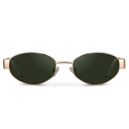 Gold / Smoke Green Lens || Trendy oval shape gold metal thick temple sunglasses with smoke green lenses