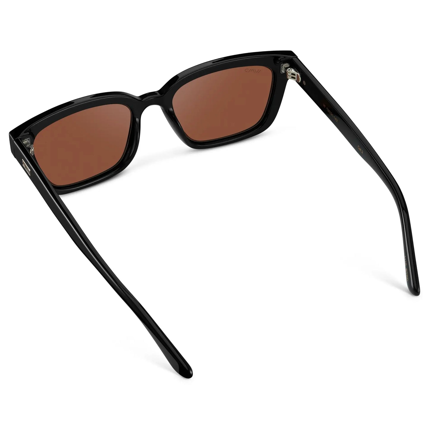 Black / Red Tinted Lens || Back view of Women's Rectangular Sunglasses with Black Frame and Red Tinted Lens on a white background