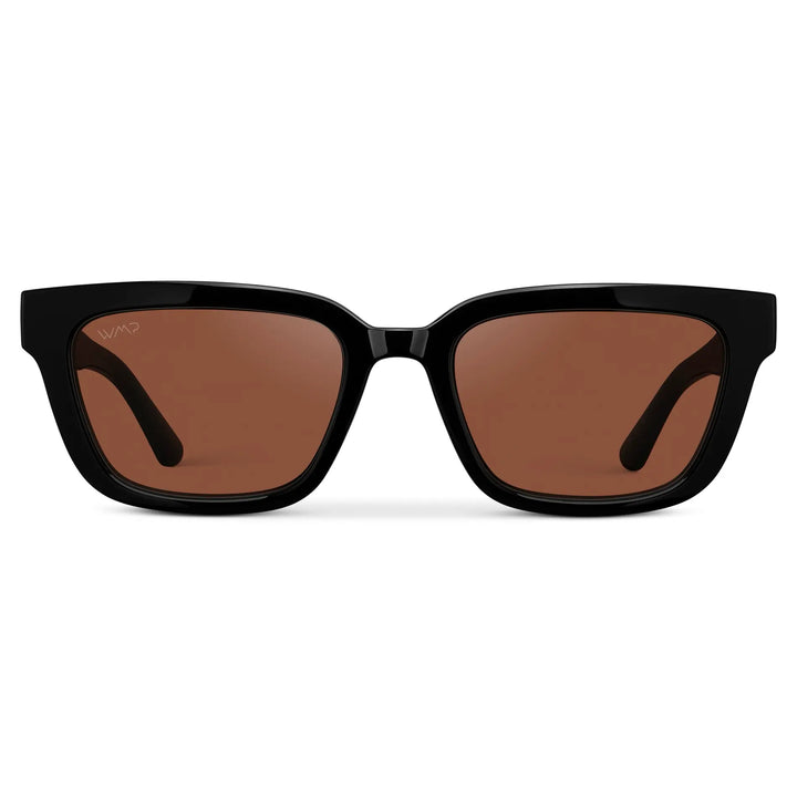 Black / Red Tinted Lens || Front view of Women's Rectangular Sunglasses with Black Frame and Red Tinted Lens on a white background