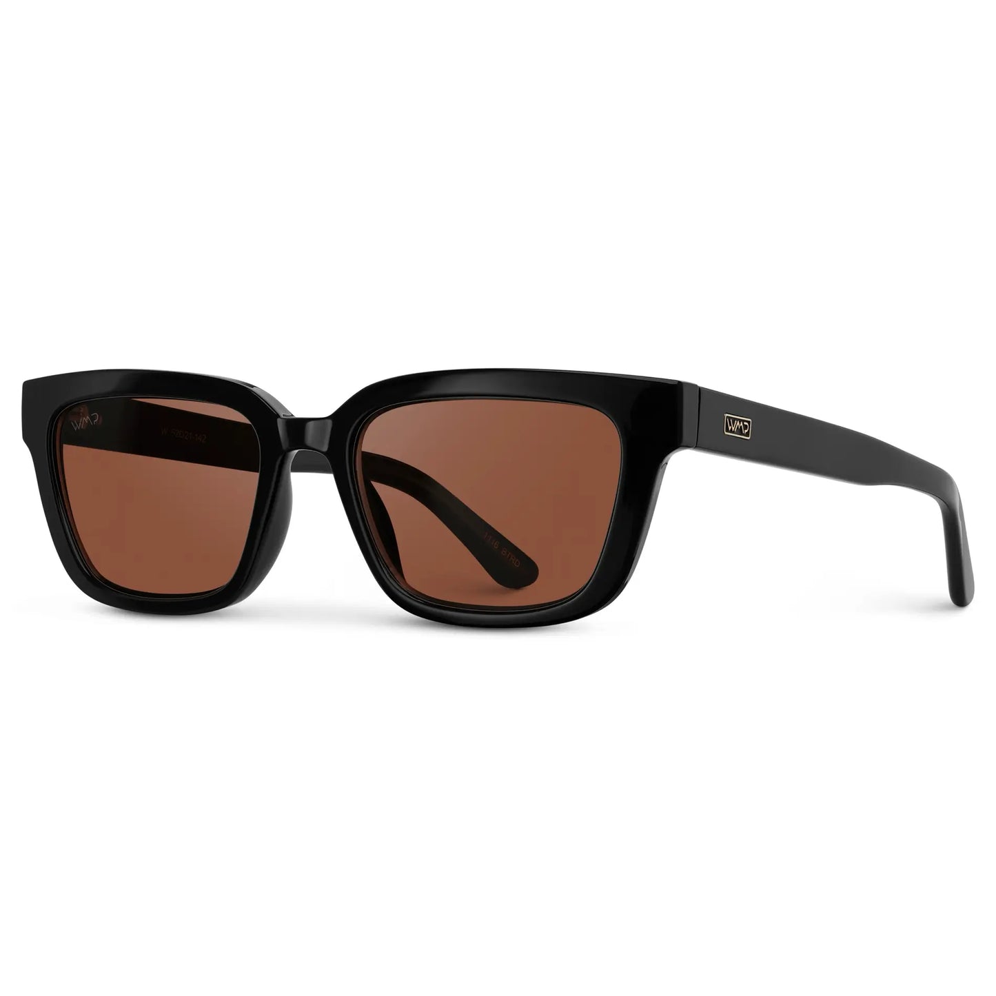 Black / Red Tinted Lens || Side view of Women's Rectangular Sunglasses with Black Frame and Red Tinted Lens on a white background