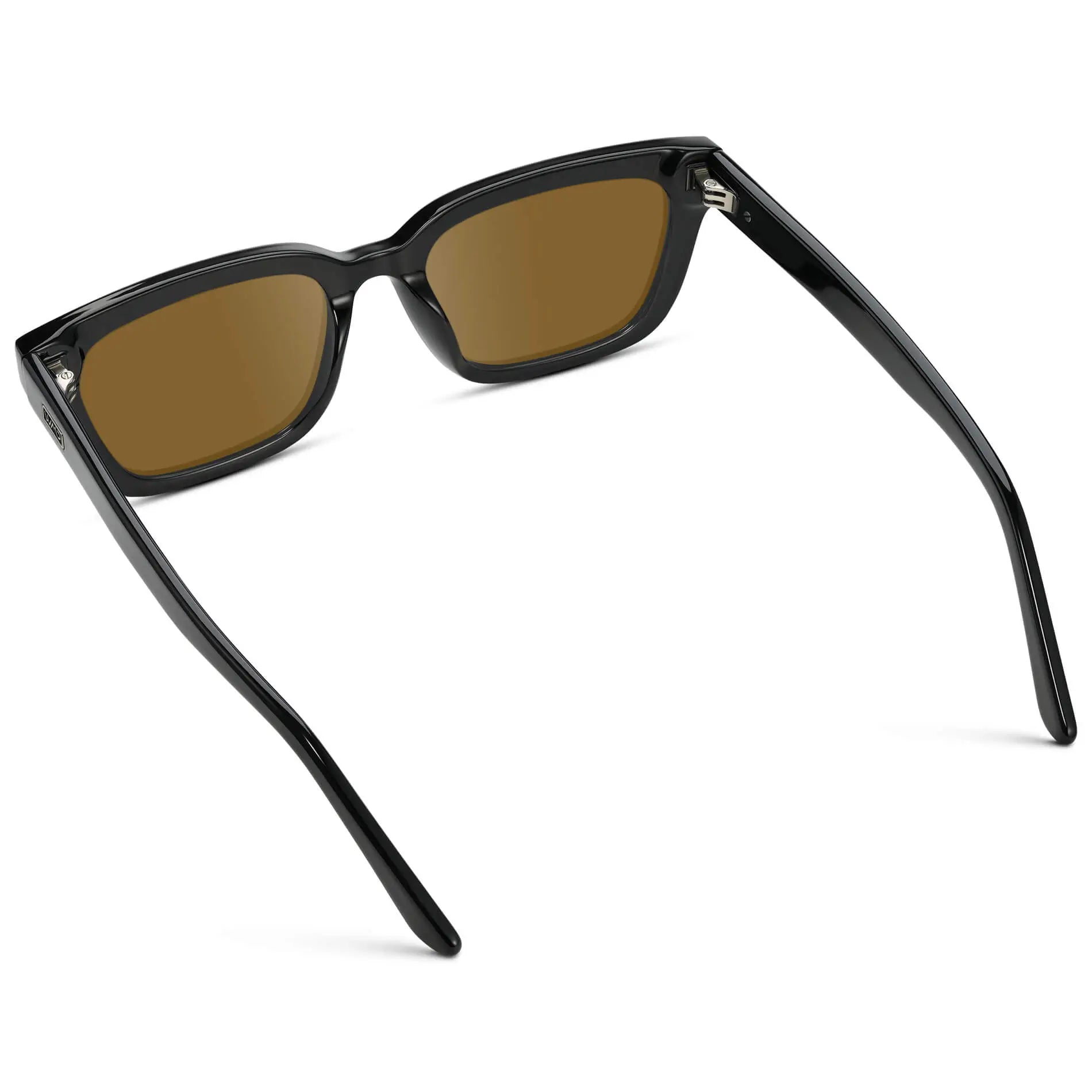 Black / Amber || Back view of Women's Rectangular Prescription Sunglasses with Black Acetate Frame and Brown Prescription Lenses on a white background 