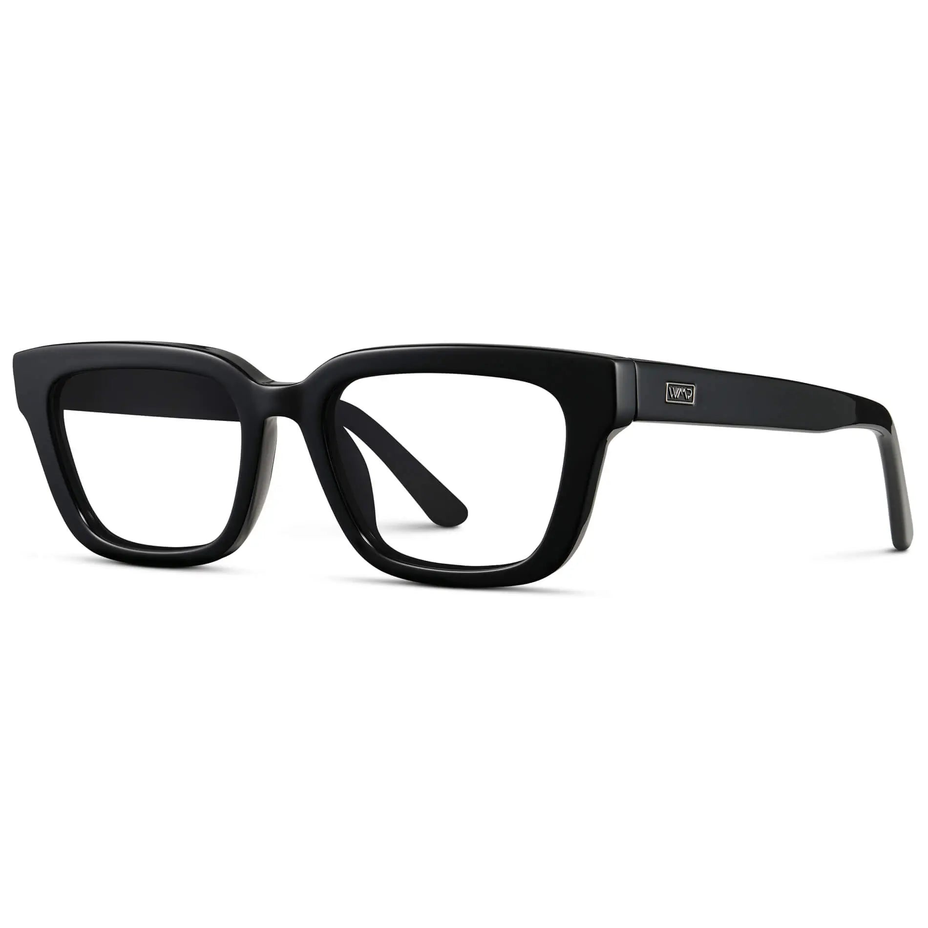 Black || Side view of Women's Rectangular Prescription Eyeglasses with Black Acetate Frame and Clear Prescription Lenses on a white background
