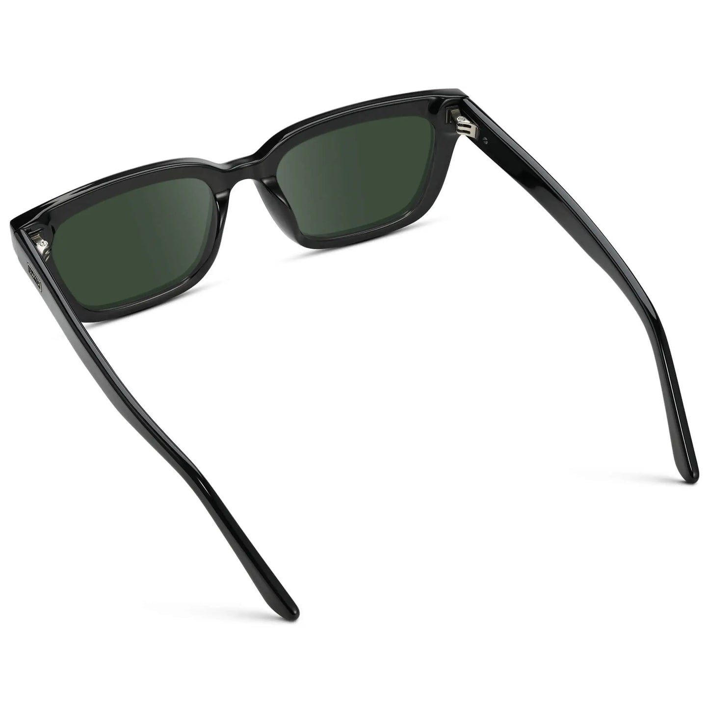 Black / G15 || Back view of Women's Rectangular Prescription Sunglasses with Black Acetate Frame and Green Prescription Lenses on a white background 