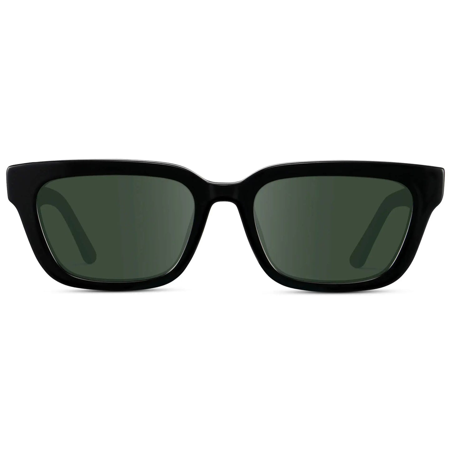 Black / G15 || Women's Rectangular Prescription Sunglasses with Black Acetate Frame and Green Prescription Lenses on a white background 