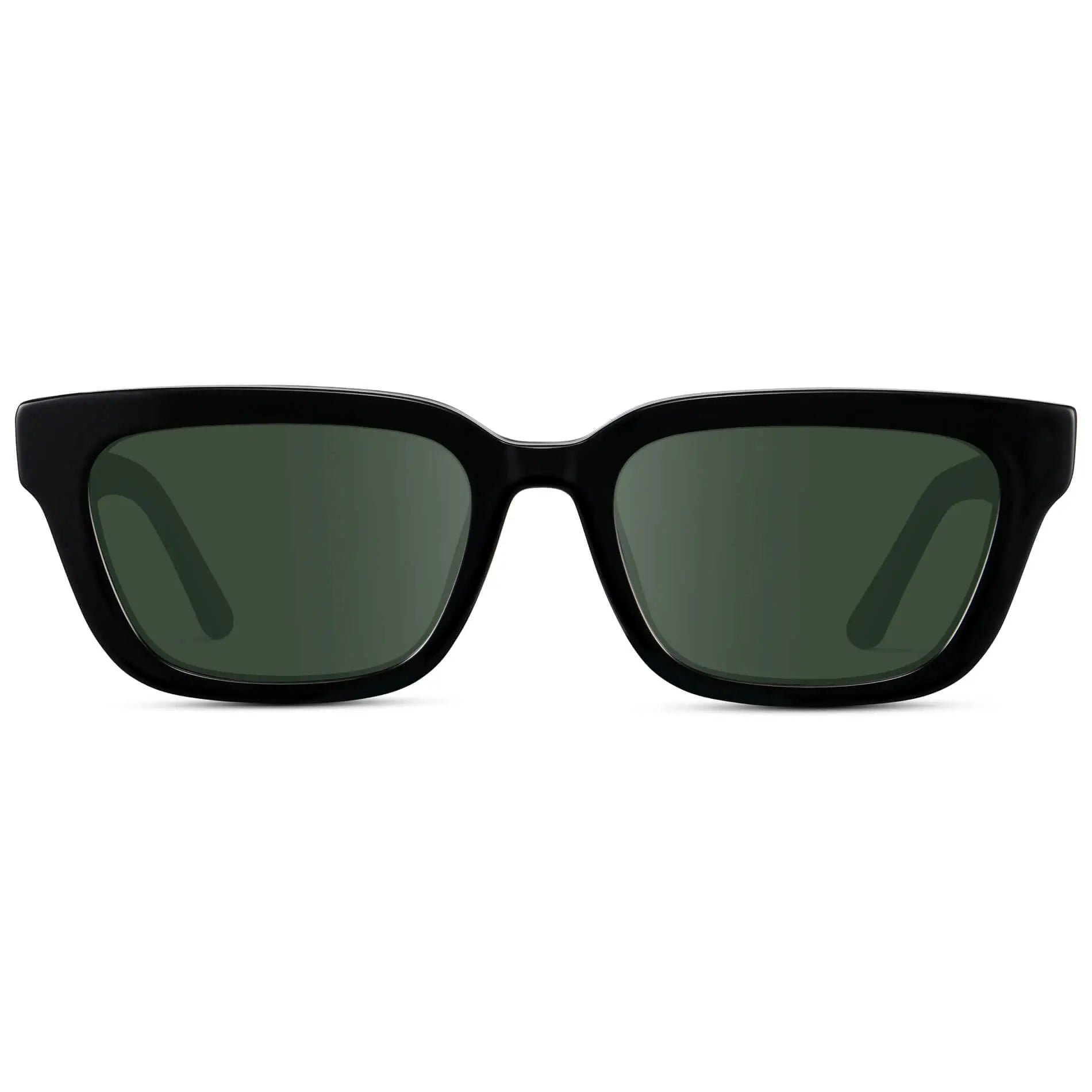 Black / G15 || Women's Rectangular Prescription Sunglasses with Black Acetate Frame and Green Prescription Lenses on a white background 