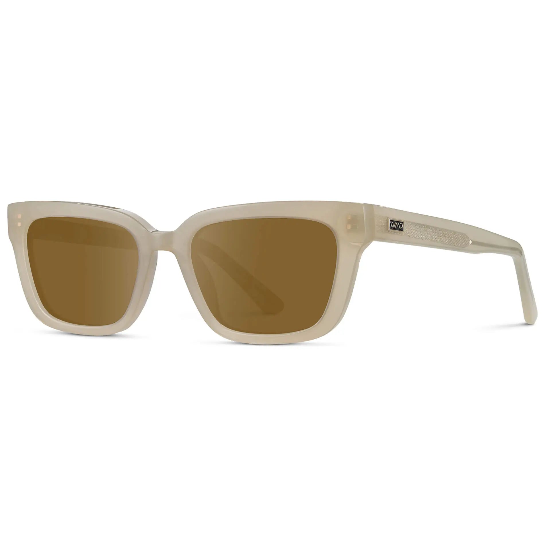 Pearl Beige / Amber || Women's Rectangular Prescription Sunglasses with Pearl Beige Acetate Frame and Brown Prescription Lenses on a white background 
