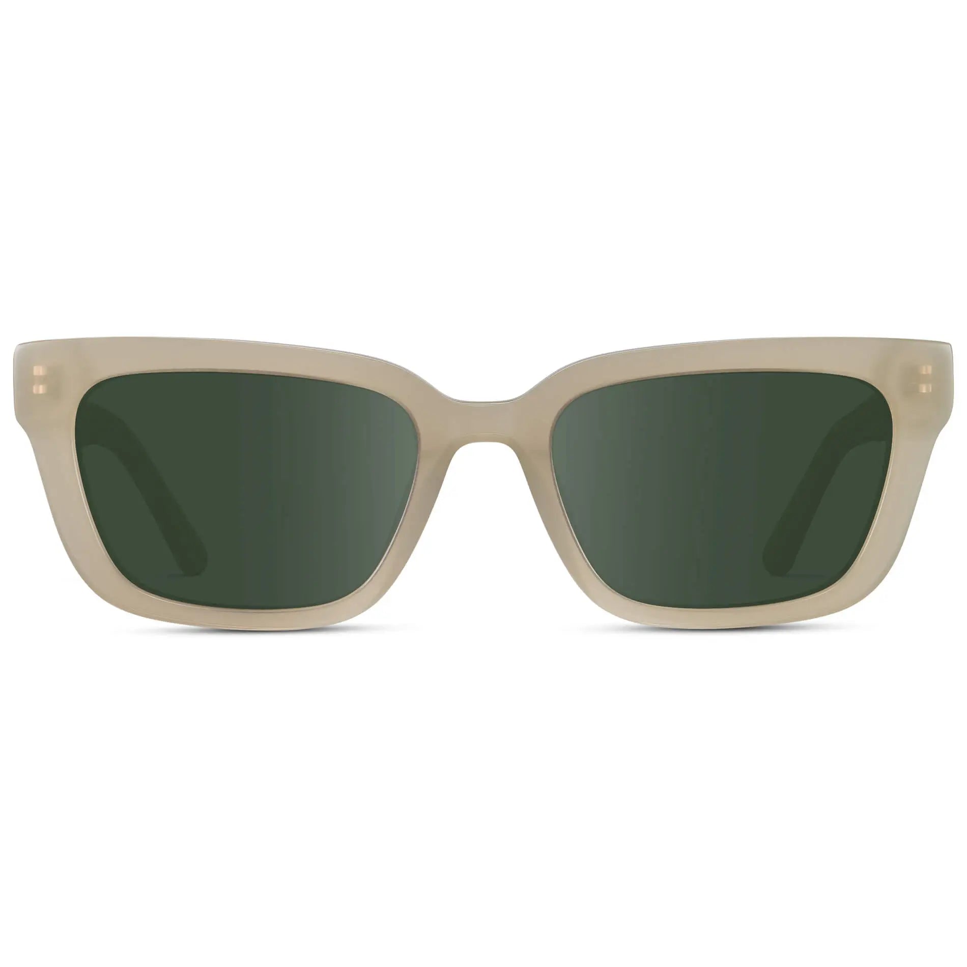 Pearl Beige / G15 || Women's Rectangular Prescription Sunglasses with Pearl Beige Acetate Frame and Green Prescription Lenses on a white background 