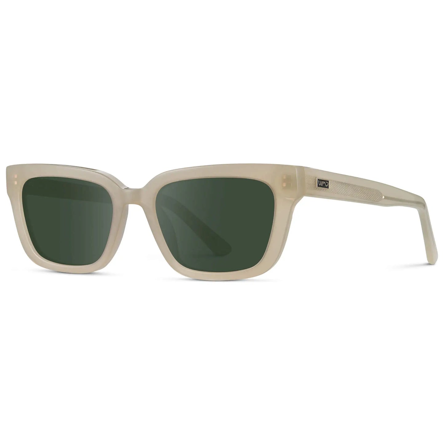 Pearl Beige / G15 || Side view of Women's Rectangular Prescription Sunglasses with Pearl Beige Acetate Frame and Green Prescription Lenses on a white background 