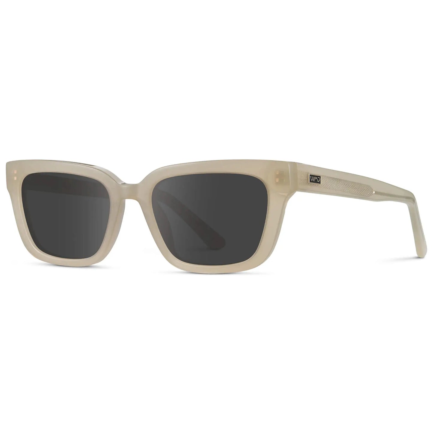 Pearl Beige / Grey || Side view of Women's Rectangular Prescription Sunglasses with Pearl Beige Acetate Frame and Grey Prescription Lenses on a white background 