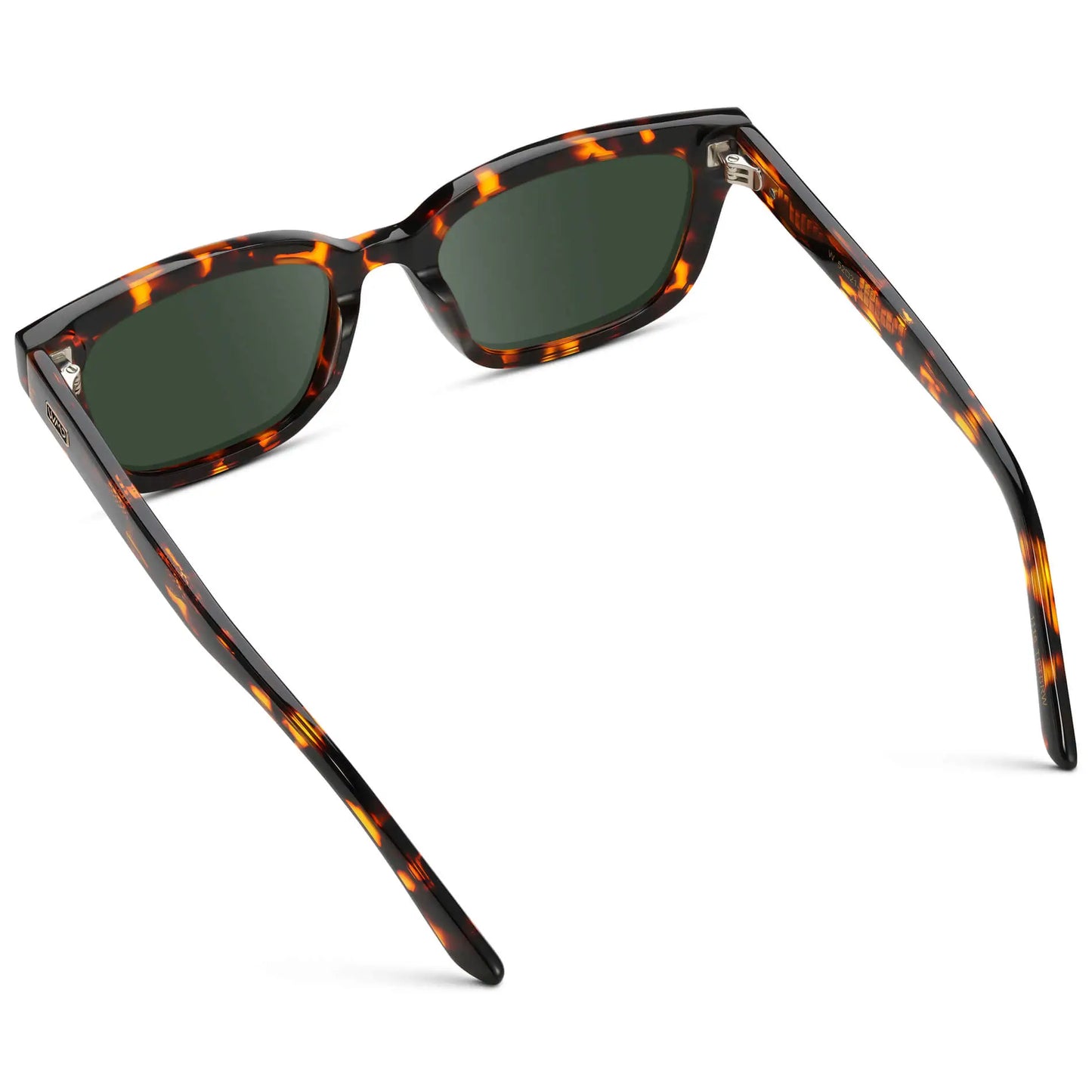 Ember Tortoise / G15 || Back view of Women's Rectangular Prescription Sunglasses with Ember Tortoise Acetate Frame and Green Prescription Lenses on a white background 