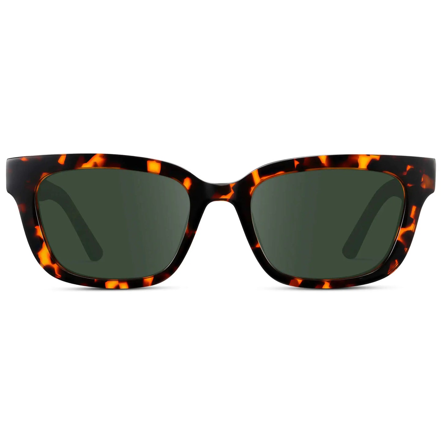 Ember Tortoise / G15 || Women's Rectangular Prescription Sunglasses with Ember Tortoise Acetate Frame and Green Prescription Lenses on a white background 