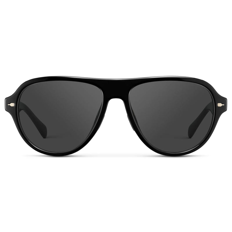Black / Grey || Women's Rounded Aviator Prescription Sunglasses with Black Frame and Grey Lenses on a white background