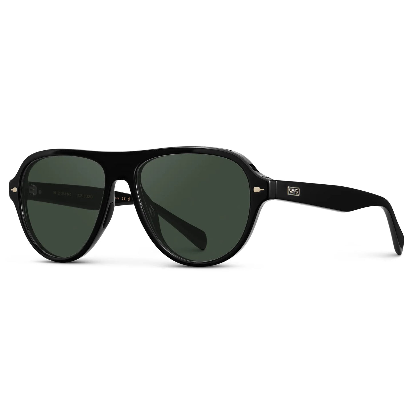 Black / G15 || Side view of Women's Rounded Aviator Prescription Sunglasses with Black Frame and Green Lenses on a white background