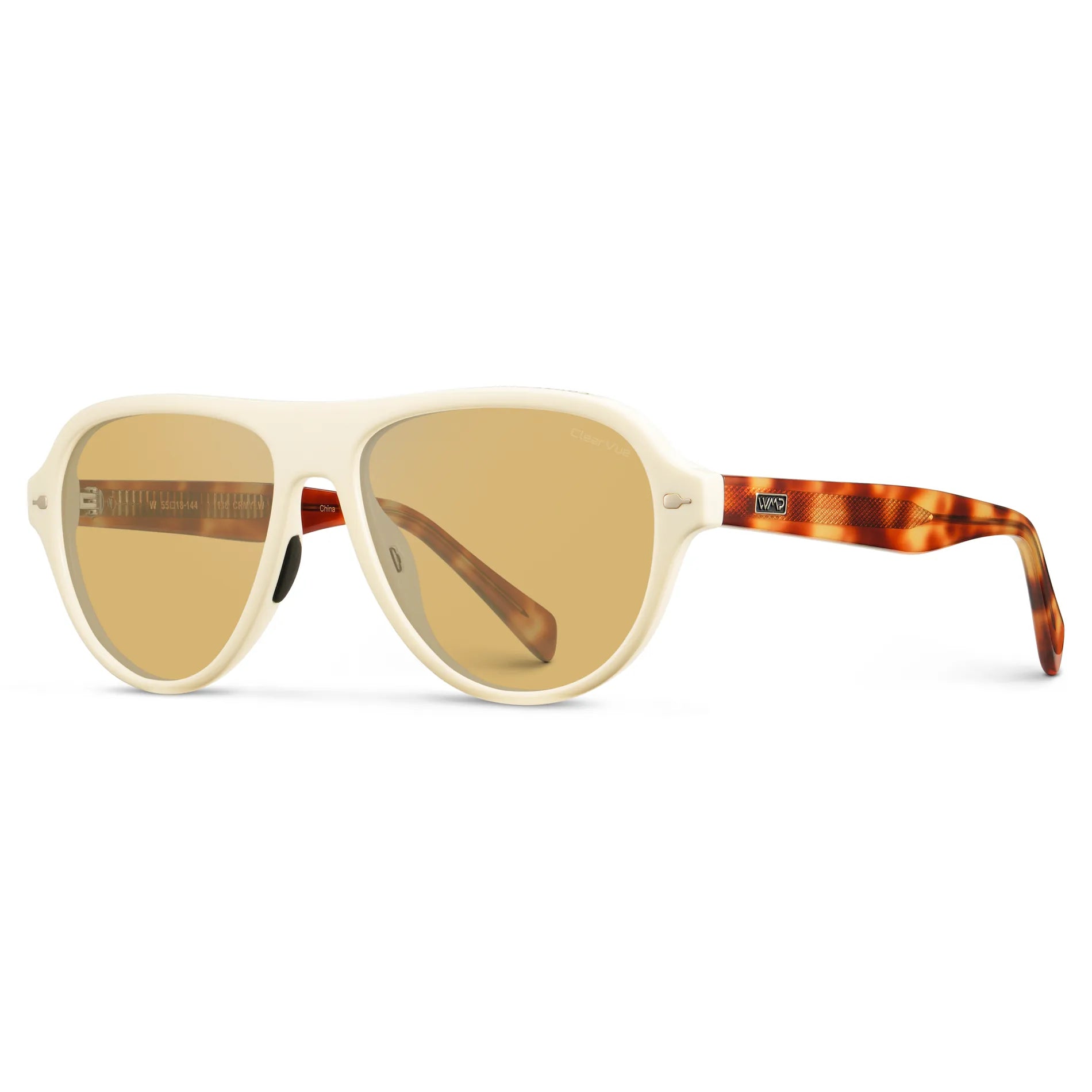Ivory Tortoise / Yellow Tinted Lens || Side view of Women's Rounded Aviator Sunglasses with Ivory Tortoise Frame and Yellow Tinted Lenses on a white background