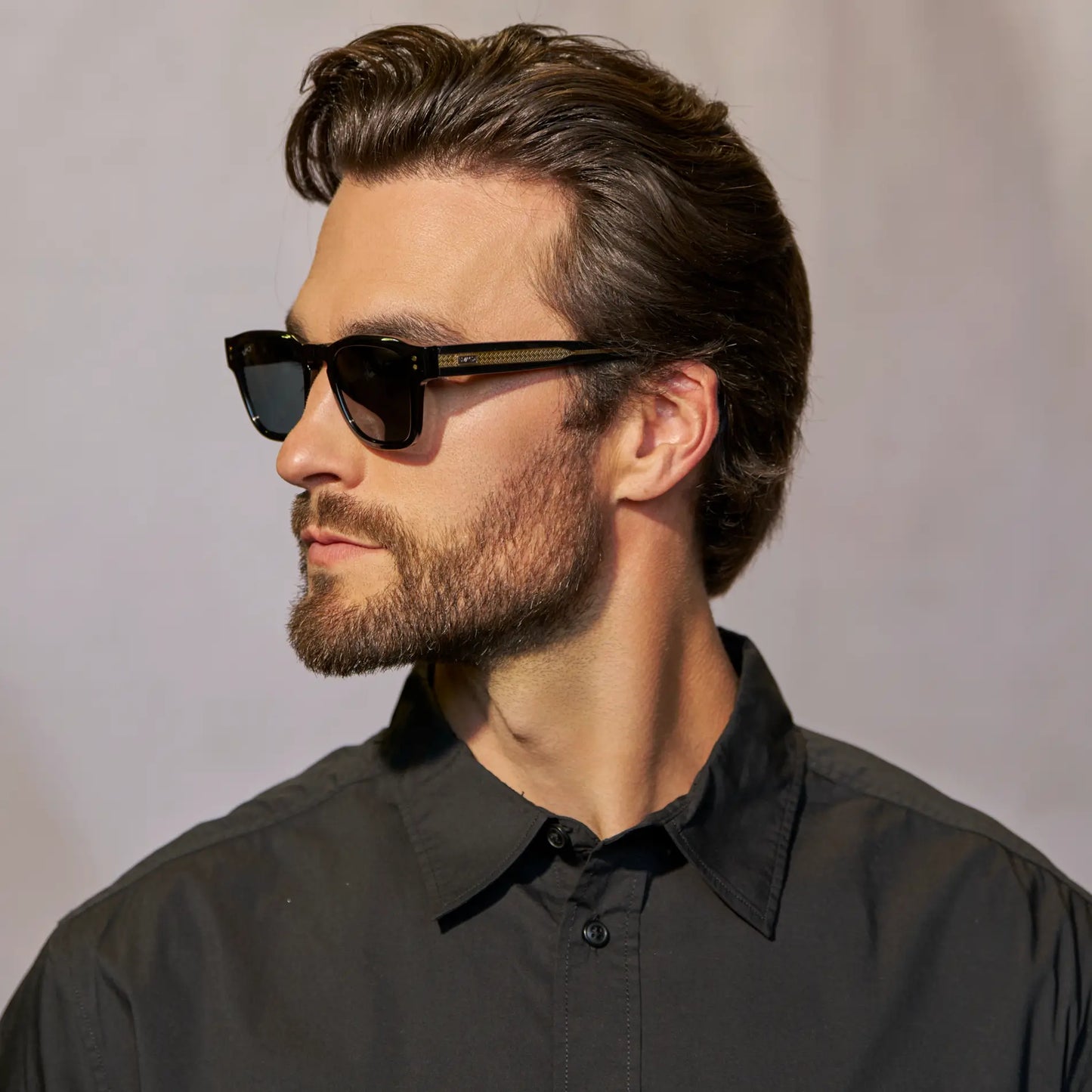 Black Gold / Grey || Front view of Men's Geometric Rectangular Prescription Sunglasses with Black Gold Frame and Grey Prescription Lens on a white background