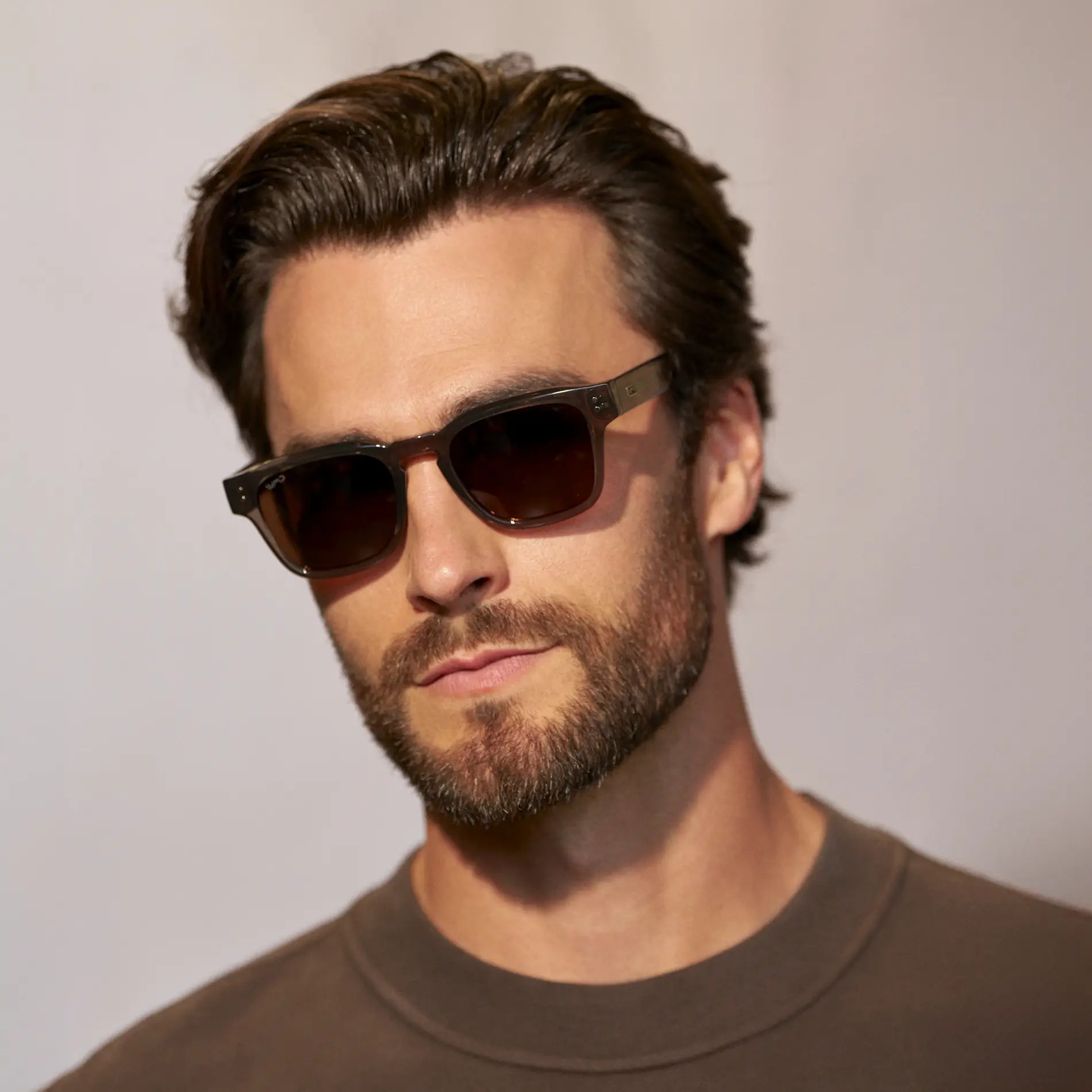 Crystal Gunmetal / Dark Brown Lens || Men's Geometric Rectangular Sunglasses with Crystal Gunmetal Acetate Frame and Dark Brown Polarized Lens