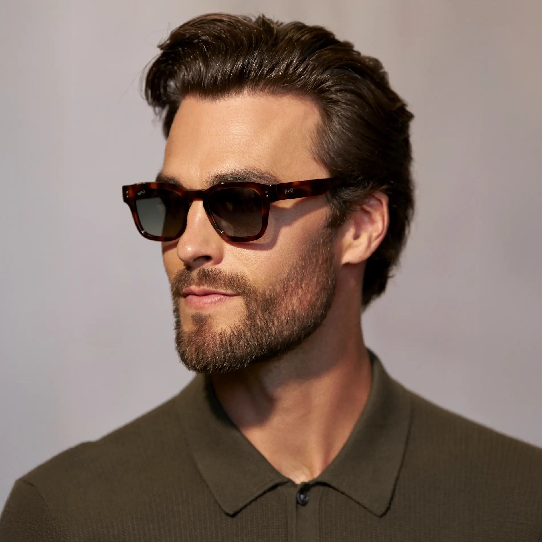 Havana Tortoise / Smoke Green Gradient Lens || Men's Geometric Rectangular Sunglasses with Havana Tortoise Frame and Smoke Green Gradient Polarized Lens