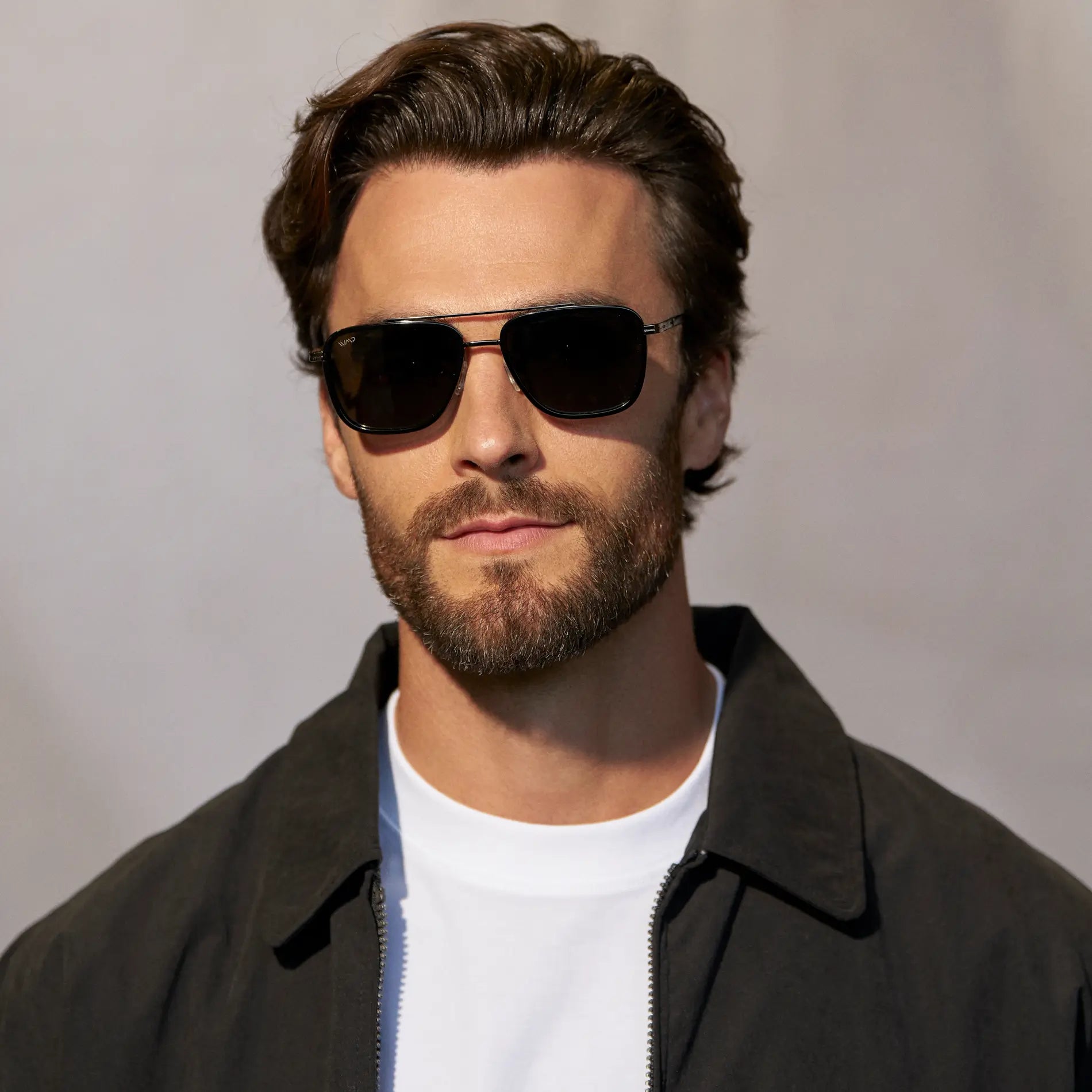 Black / Triple Black Lens || Model wearing Men's Aviator Sunglasses with Black frame and Triple Black Lens 