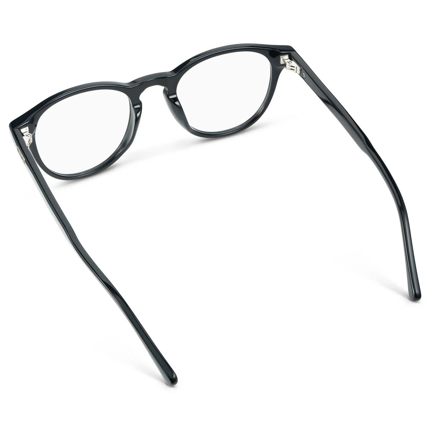 Black || Back view of Unisex Round Blue Light Blocking Glasses with Black Acetate Frame and Clear Lens on a white background