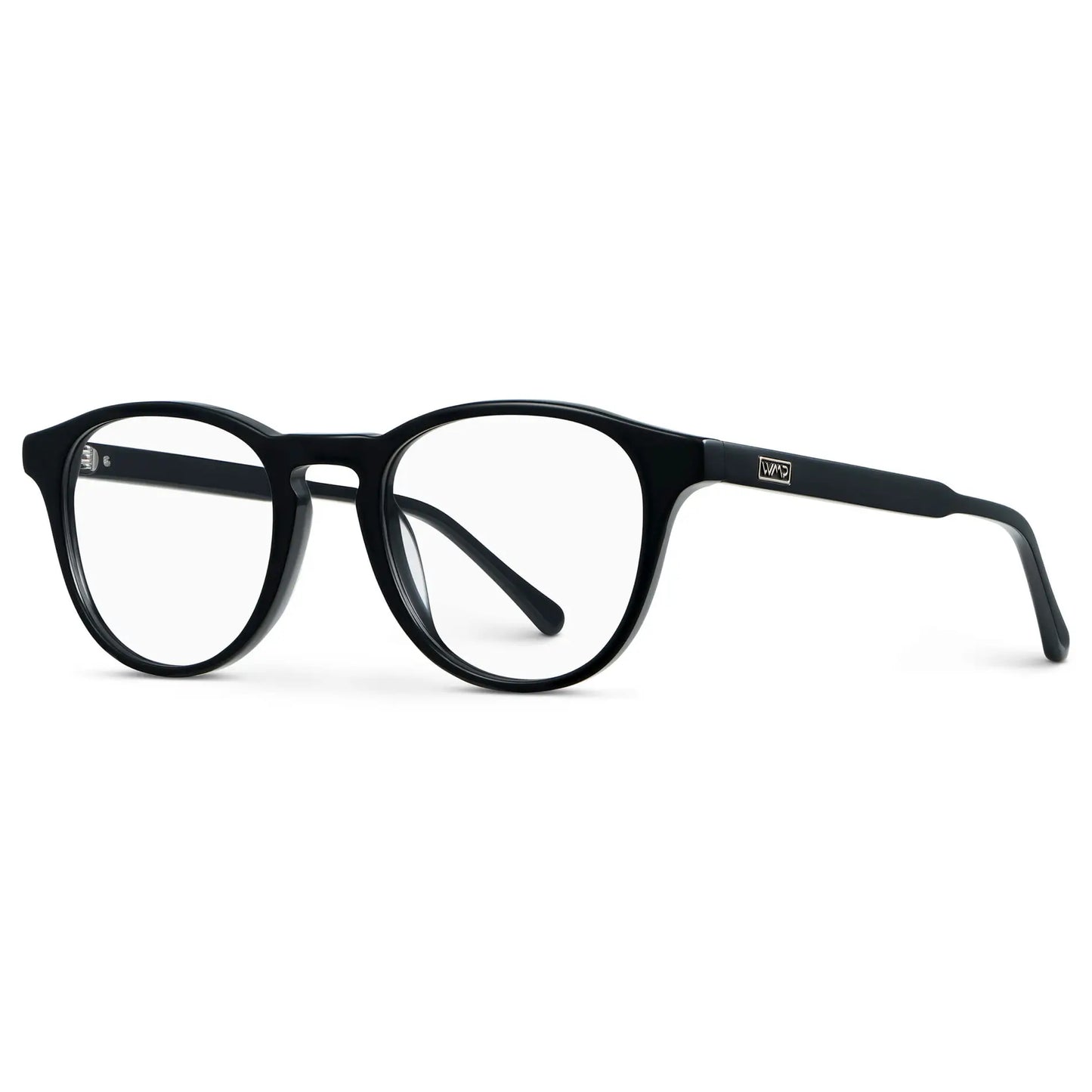 Black || Side view of Unisex Round Blue Light Blocking Glasses with Black Acetate Frame and Clear Lens on a white background