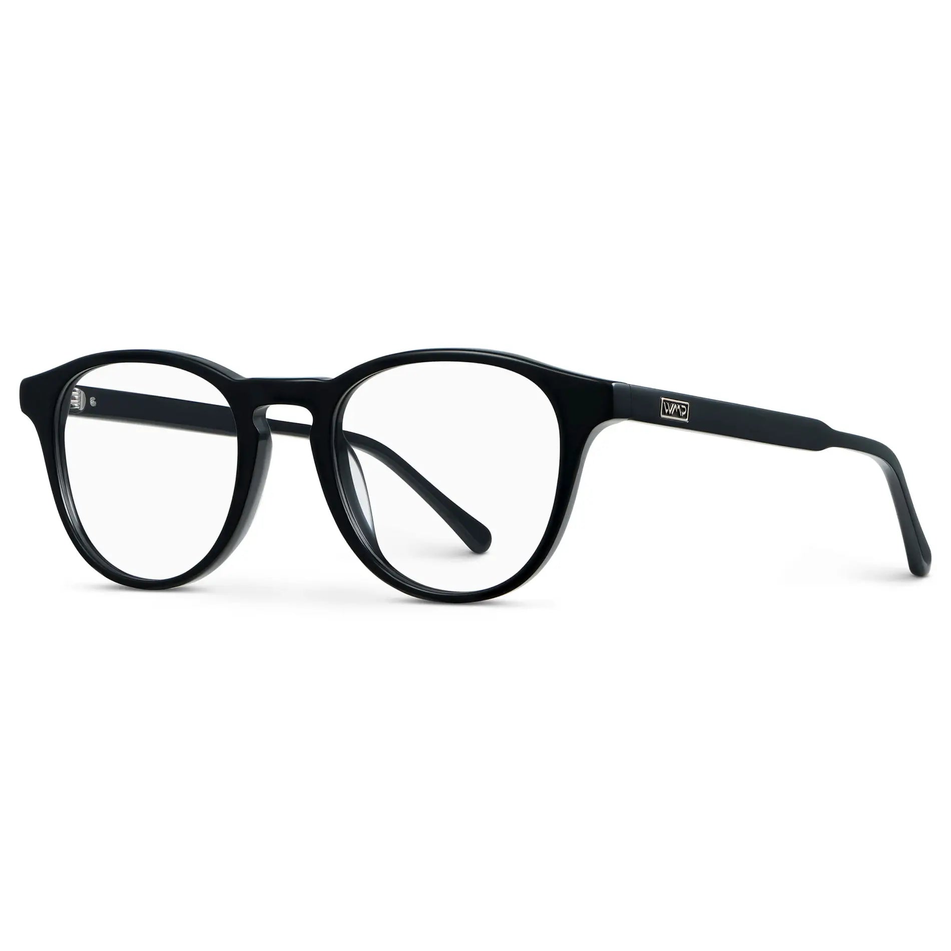 Black || Side view of Unisex Round Blue Light Blocking Glasses with Black Acetate Frame and Clear Lens on a white background