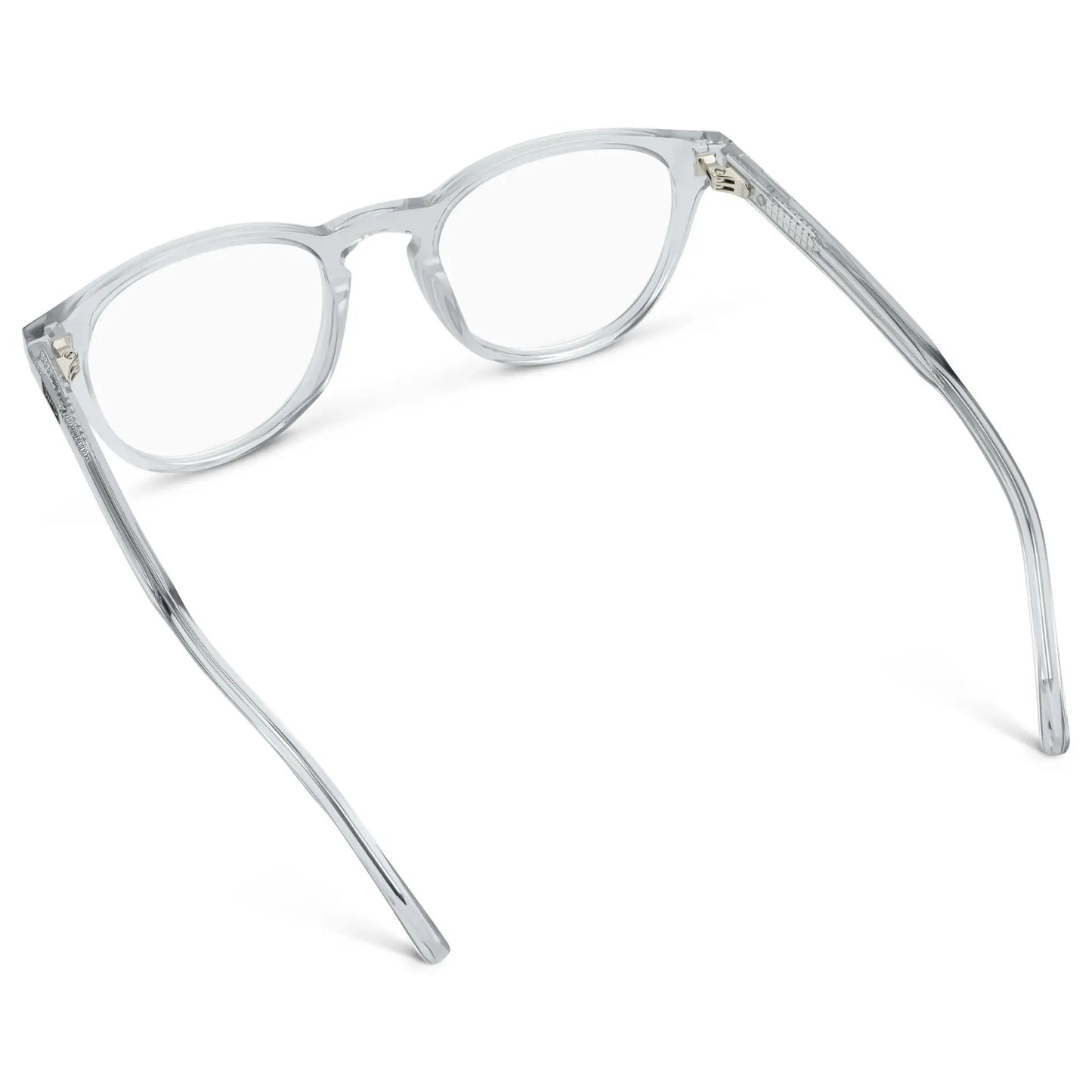 Crystal Ice Grey || Back view of Unisex Round Blue Light Blocking Glasses with Clear Acetate Frame and Clear Lens on a white background