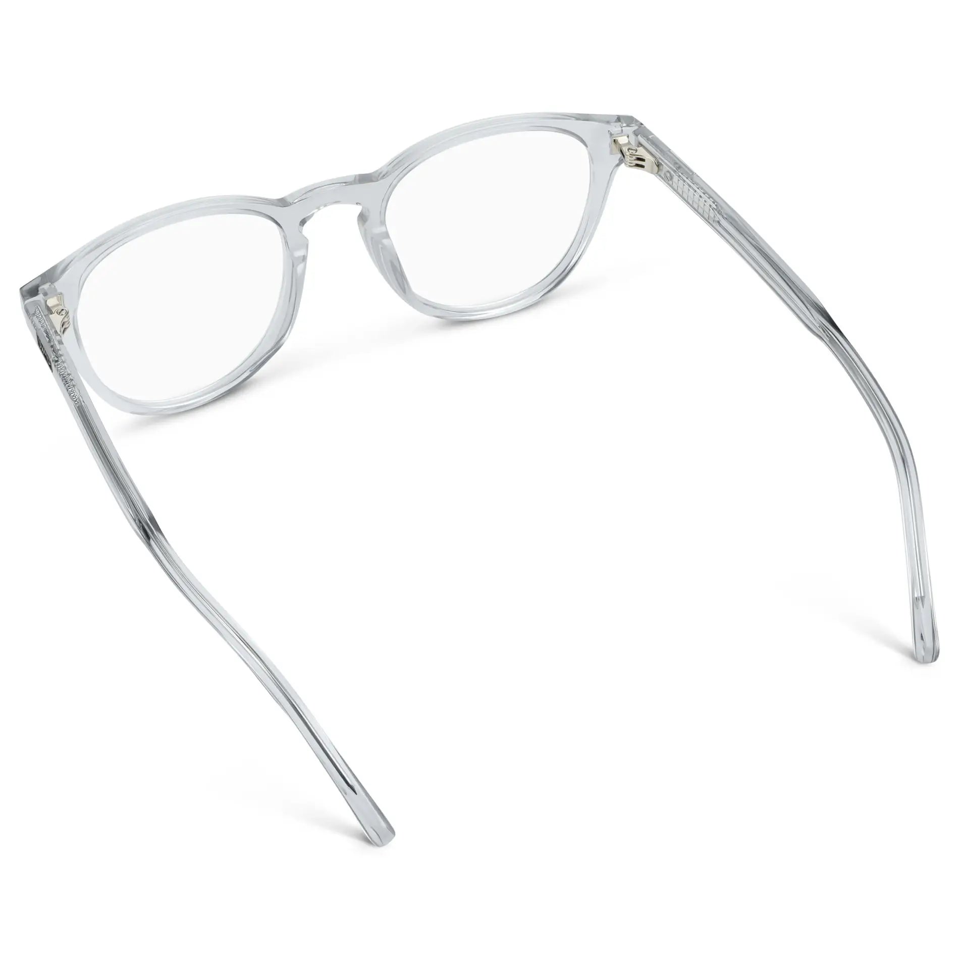 Crystal Ice Grey || Back view of Unisex Round Blue Light Blocking Glasses with Clear Acetate Frame and Clear Lens on a white background