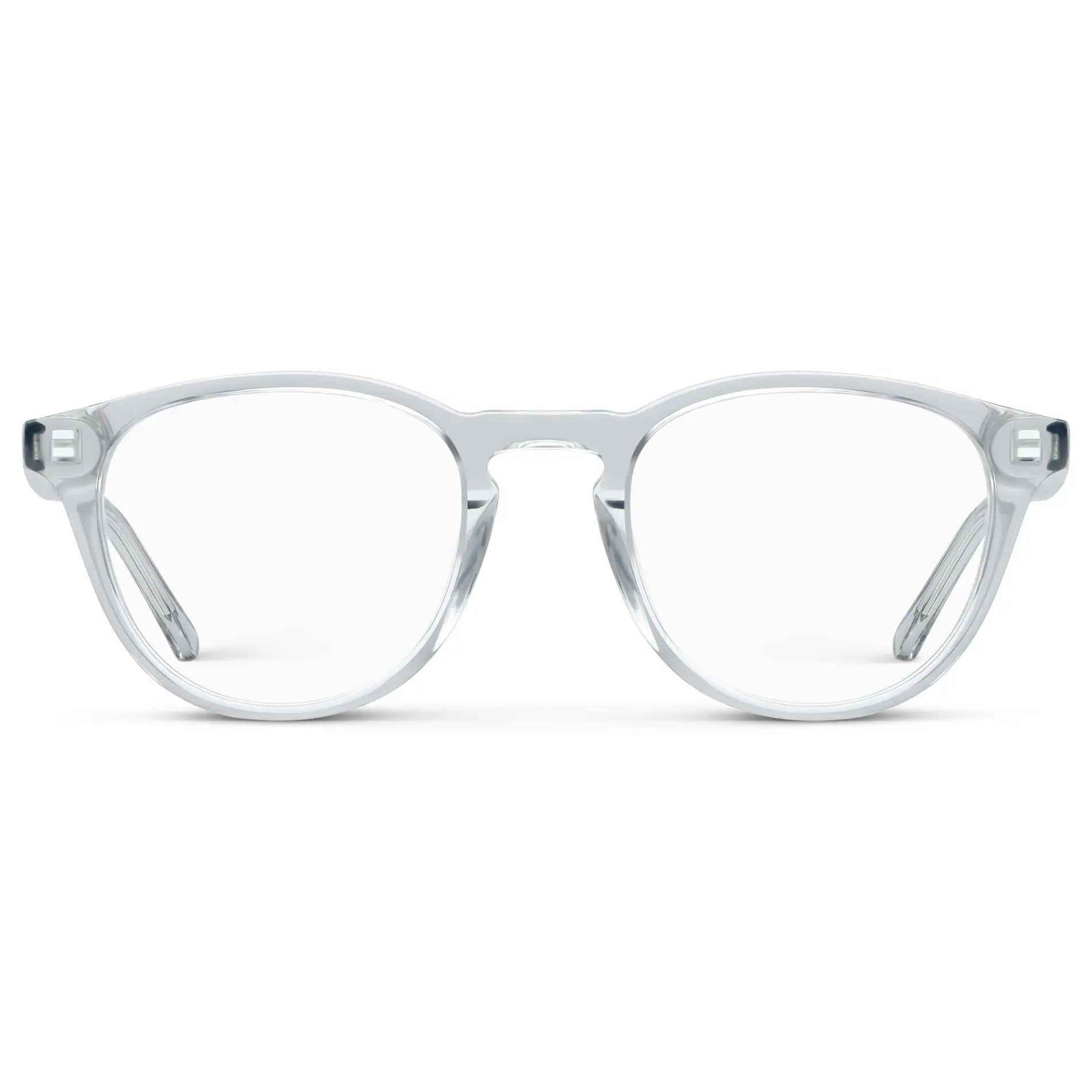 Crystal Ice Grey || Unisex Round Blue Light Blocking Glasses with Clear Acetate Frame and Clear Lens on a white background 