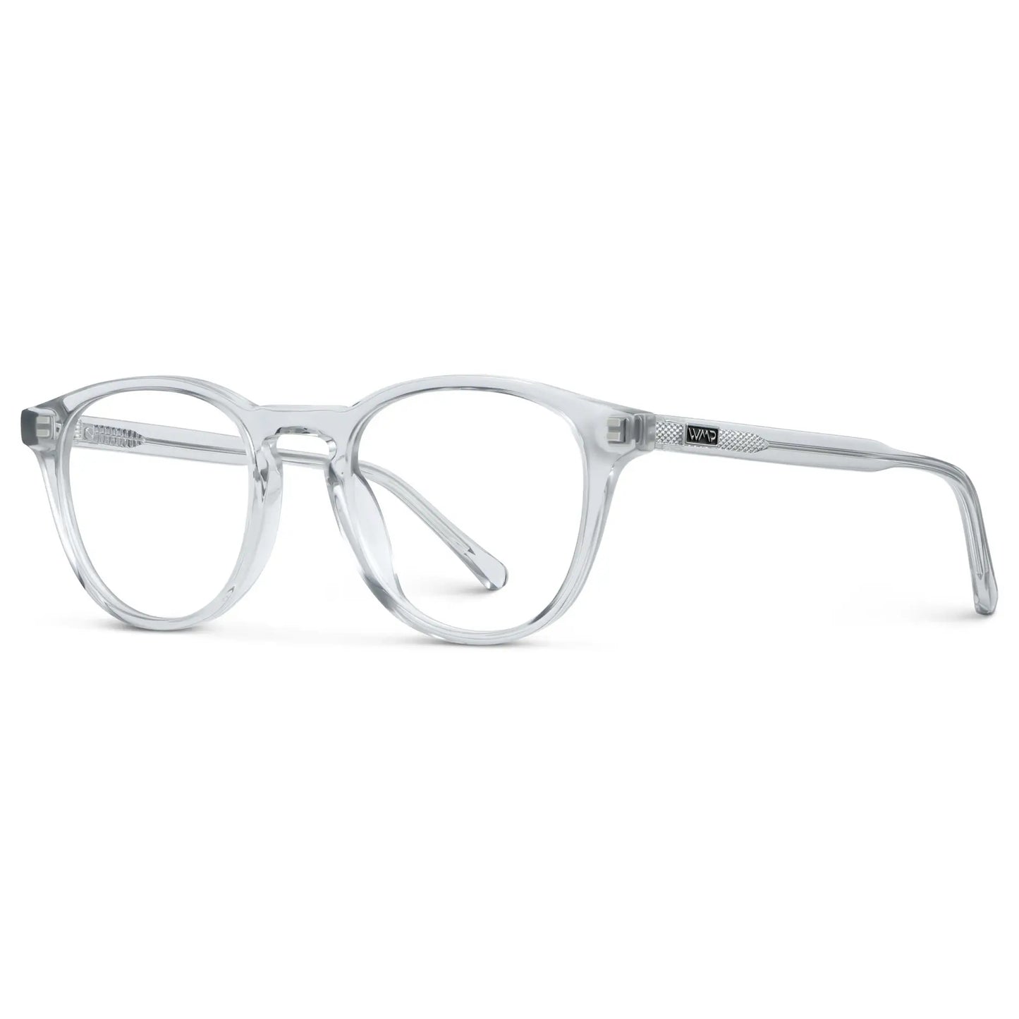 Crystal Ice Grey || Side view of Unisex Round Blue Light Blocking Glasses with Clear Acetate Frame and Clear Lens on a white background