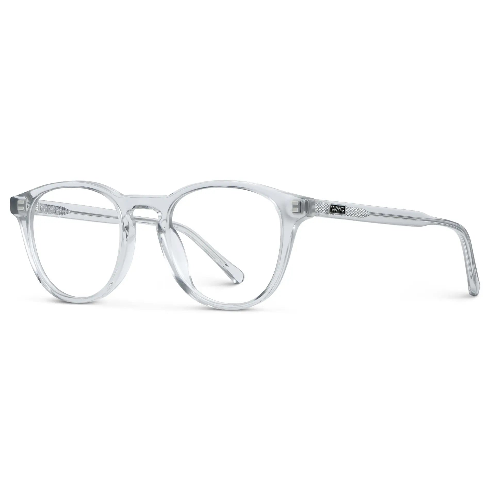 Crystal Ice Grey || Side view of Unisex Round Blue Light Blocking Glasses with Clear Acetate Frame and Clear Lens on a white background