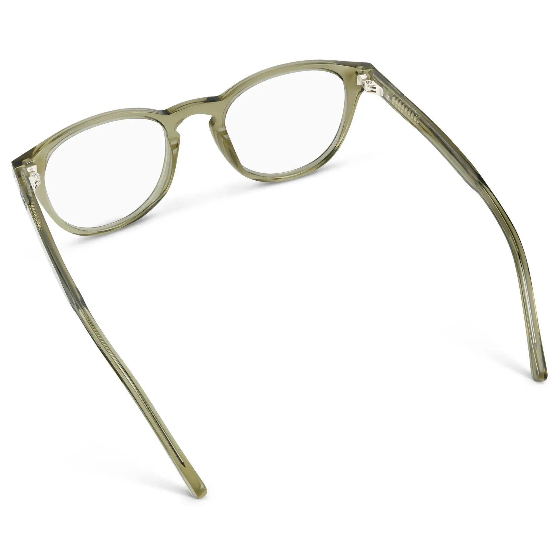 Crystal Moss Green || Back view of Unisex Round Blue Light Blocking Glasses with Crystal Moss Green Acetate Frame and Clear Lens on a white background 
