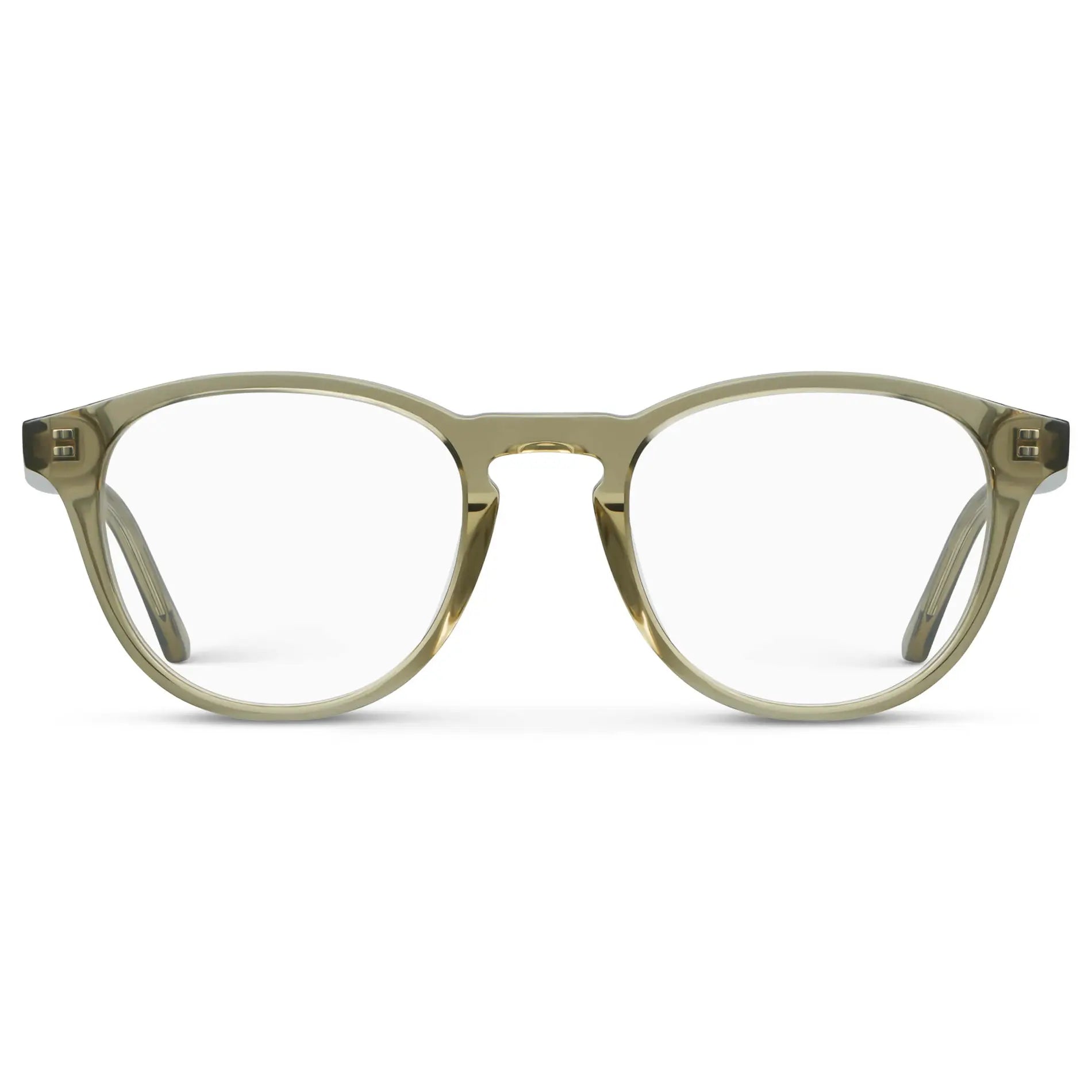 Crystal Moss Green || Unisex Round Blue Light Blocking Glasses with Crystal Moss Green Acetate Frame and Clear Lens on a white background