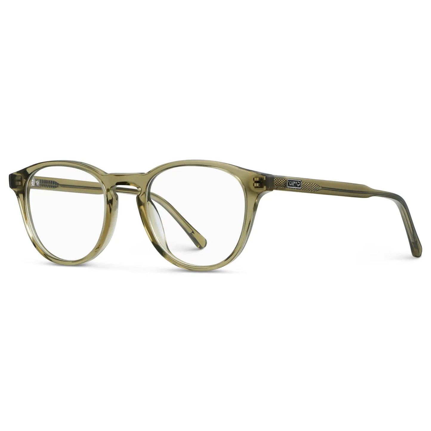 Crystal Moss Green || Side view of Unisex Round Blue Light Blocking Glasses with Crystal Moss Green Acetate Frame and Clear Lens on a white background 