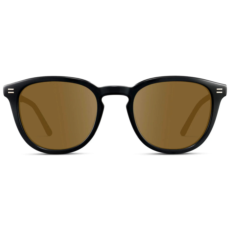 Black / Amber || Front view of Men's Round Prescription Sunglasses with Black Acetate Frame and Brown Prescription Lens