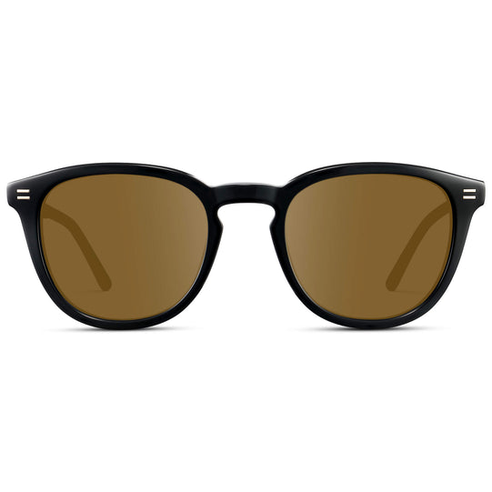 Black / Amber Lens || Men's Round Prescription Sunglasses with Black Acetate Frame and Brown Prescription Lens