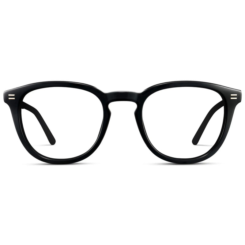 Black || Men's Round Prescription Eyeglasses with Black Acetate Frame and Clear Lenses on a white background