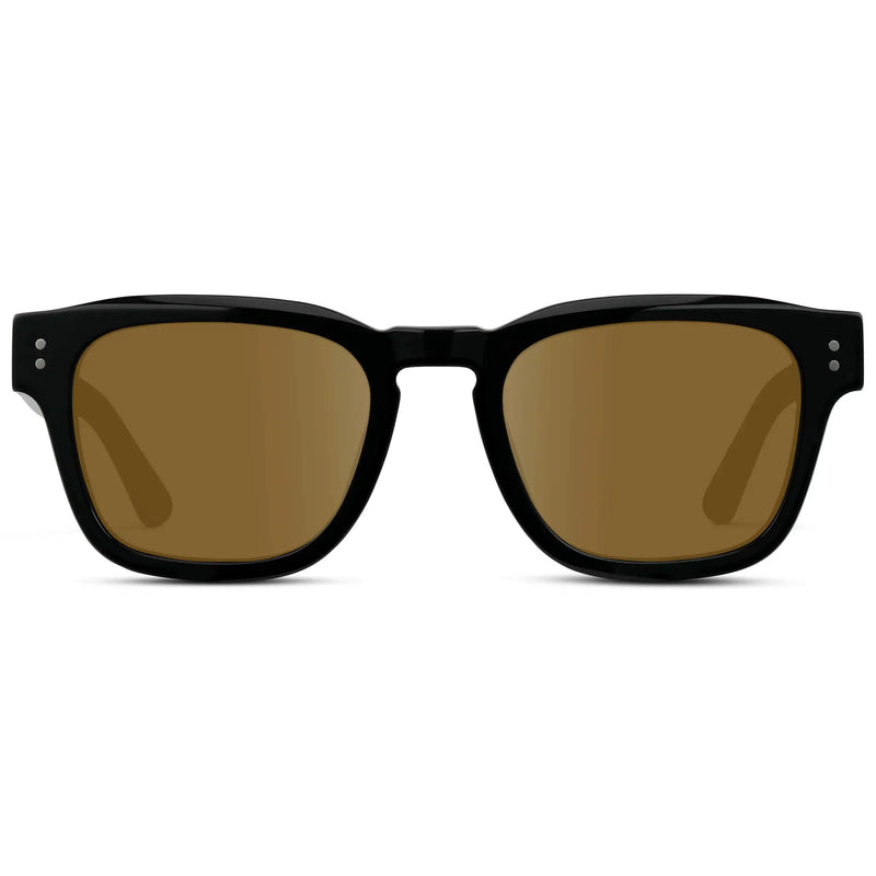Black / Amber || Front view of Men's Geometric Rectangular Prescription Sunglasses with Black Acetate Frame and Amber Prescription Lens