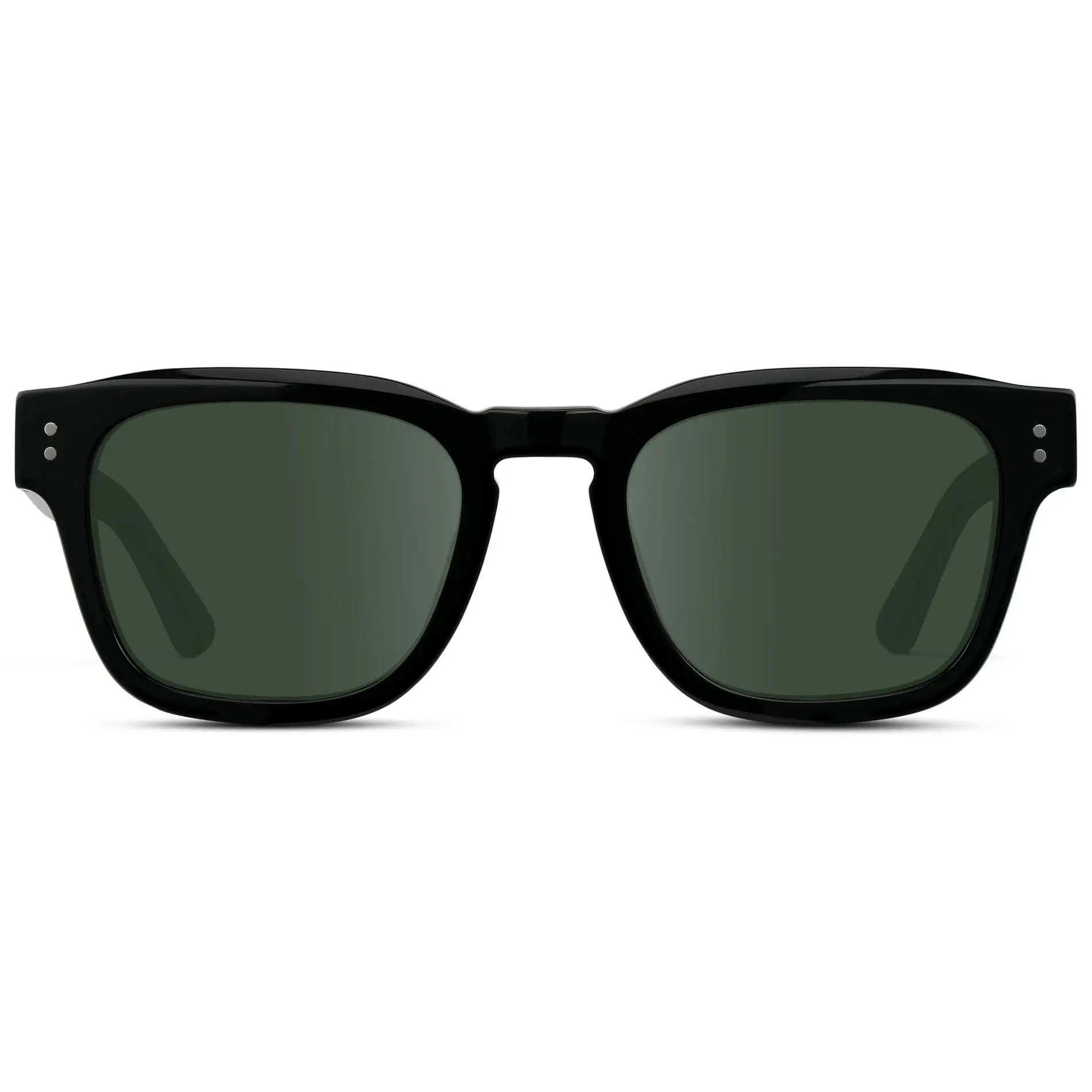 Black / G15 || Front view of Men's Geometric Rectangular Prescription Sunglasses with Black Acetate Frame and Green Prescription Lens