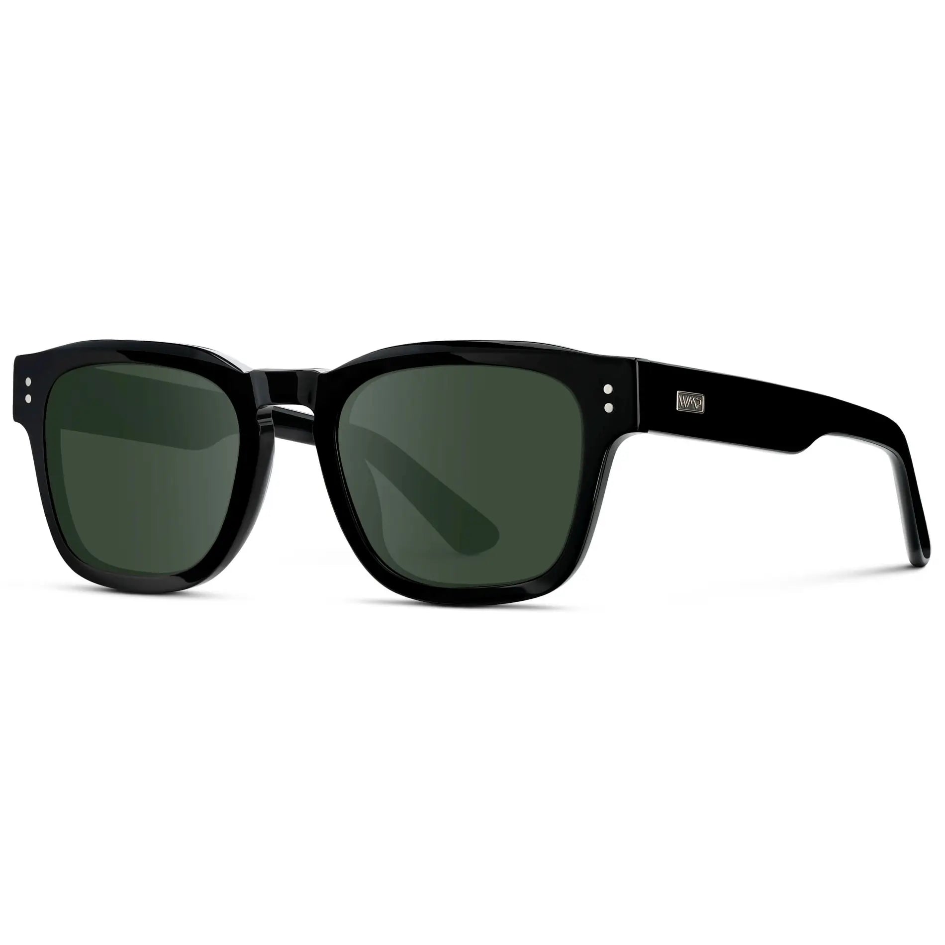 Black / G15 || Side view of Men's Geometric Rectangular Prescription Sunglasses with Black Acetate Frame and Green Prescription Lens