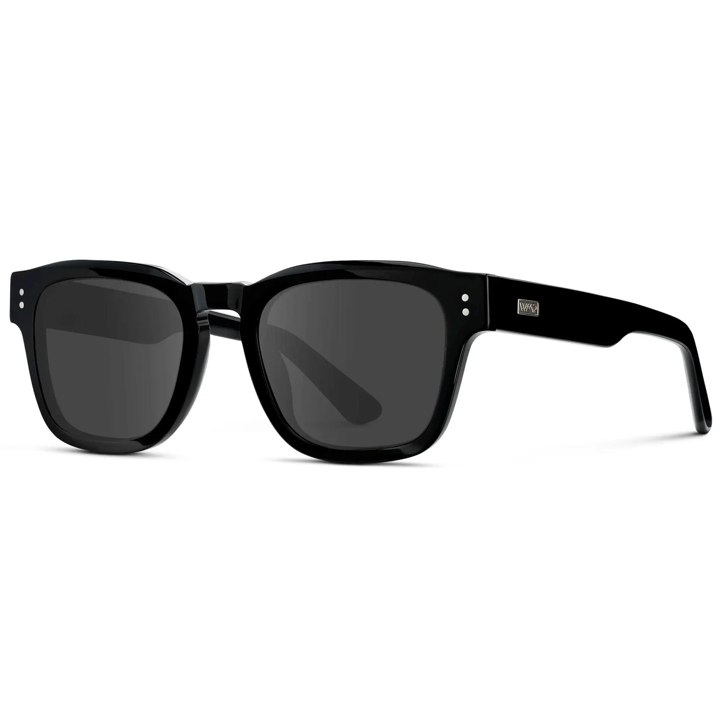 Black / Grey || Side view of Men's Geometric Rectangular Prescription Sunglasses with Black Acetate Frame and Grey Prescription Lens