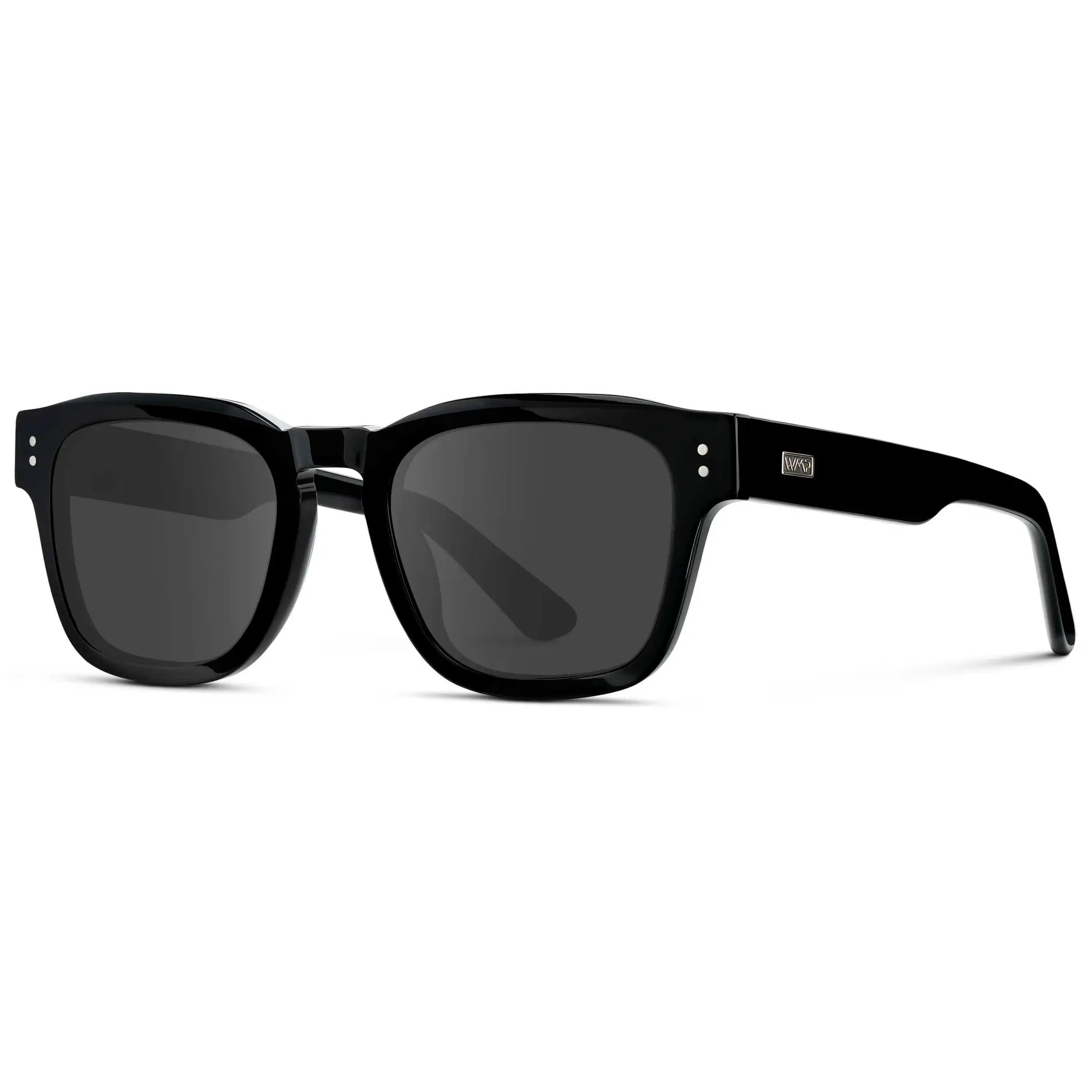 Black / Grey || Side view of Men's Geometric Rectangular Prescription Sunglasses with Black Acetate Frame and Grey Prescription Lens