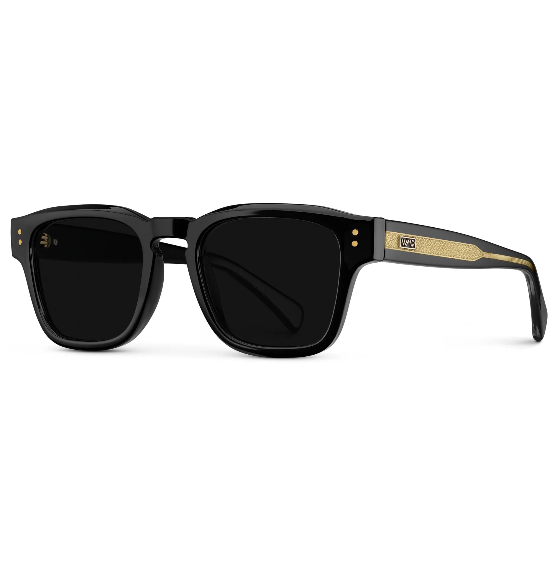 Black / Triple Black Lens || Side view of Men's Geometric Rectangular Sunglasses with Black Frame, Engraved Gold Temples and Triple Black Polarized Lens on a white background
