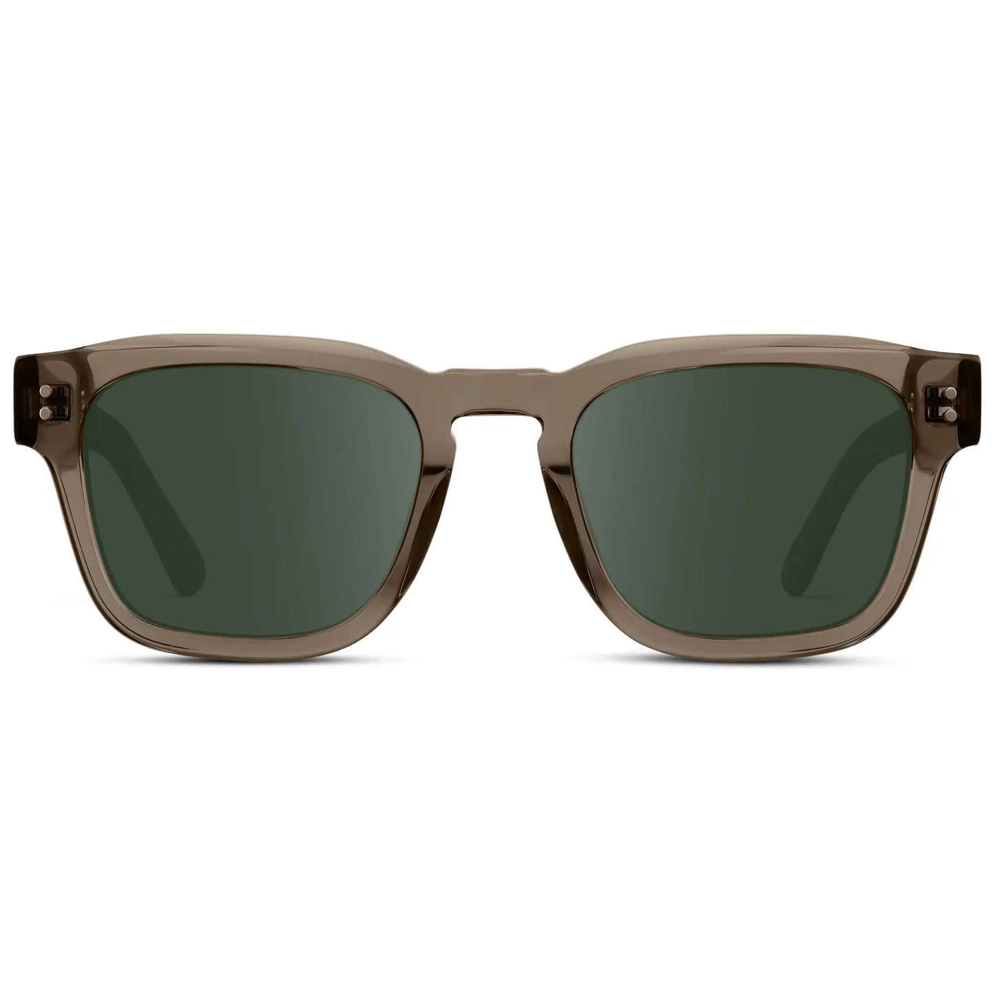 Crystal Gunmetal / G15 || Front view of Men's Geometric Rectangular Prescription Sunglasses with Crystal Gunmetal Acetate Frame and Green Prescription Lens