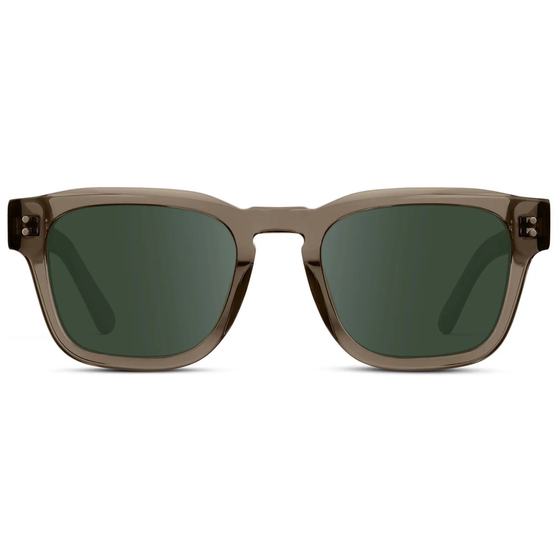 Crystal Gunmetal / G15 || Front view of Men's Geometric Rectangular Prescription Sunglasses with Crystal Gunmetal Acetate Frame and Green Prescription Lens