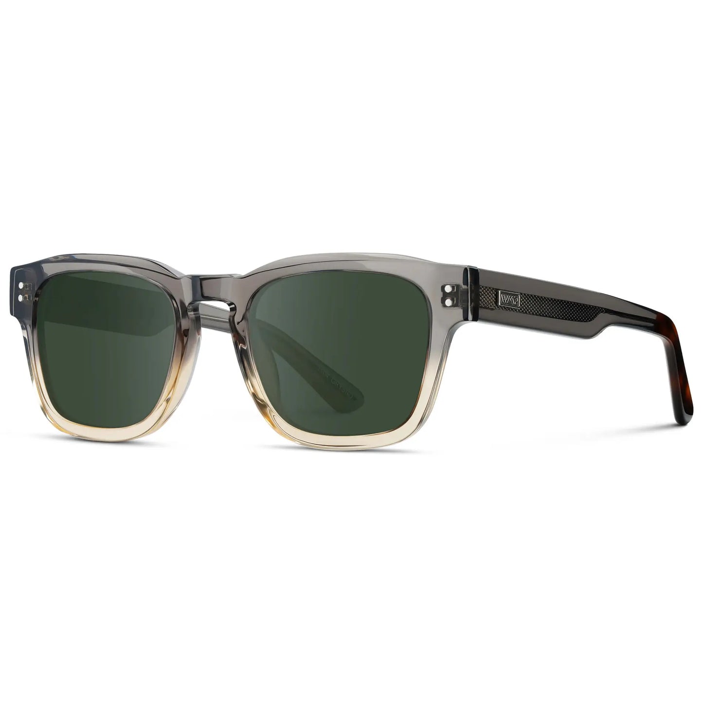 Graphite Horizon Grey / G15 || Side view of Men's Geometric Rectangular Prescription Sunglasses with Grey Acetate Frame and Green Prescription Lens
