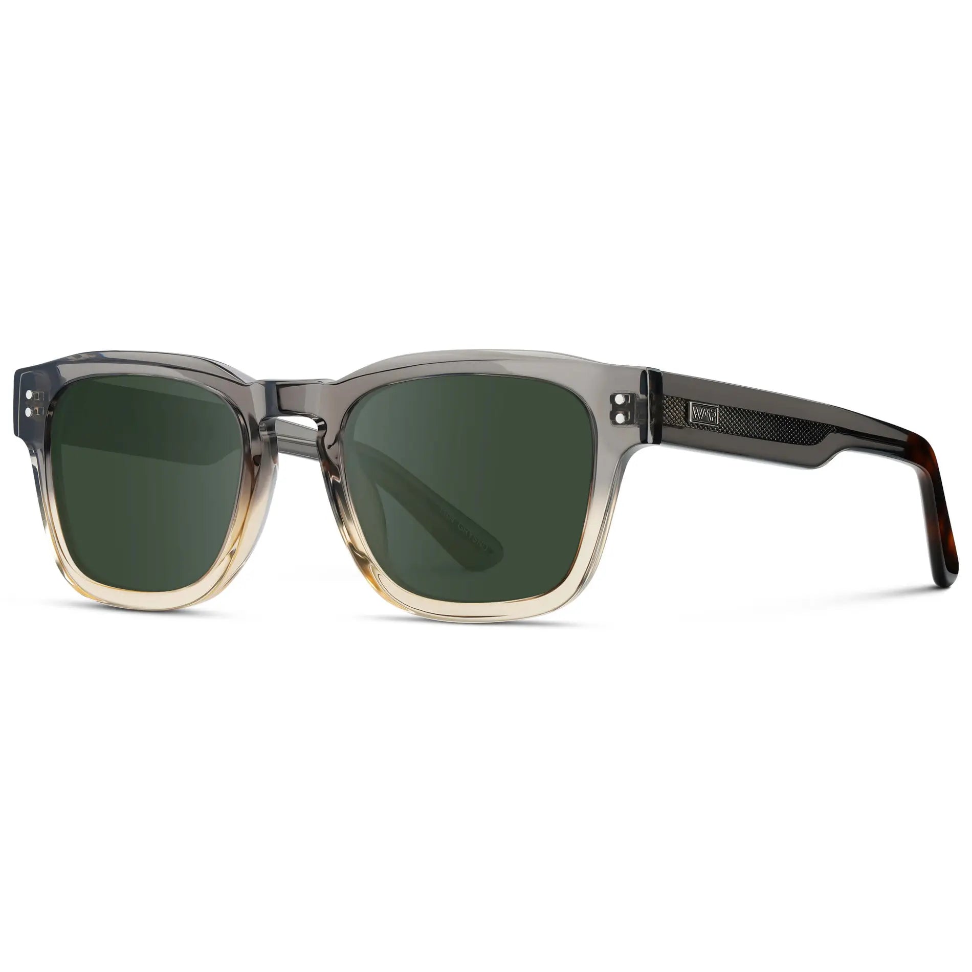 Graphite Horizon Grey / G15 || Side view of Men's Geometric Rectangular Prescription Sunglasses with Grey Acetate Frame and Green Prescription Lens