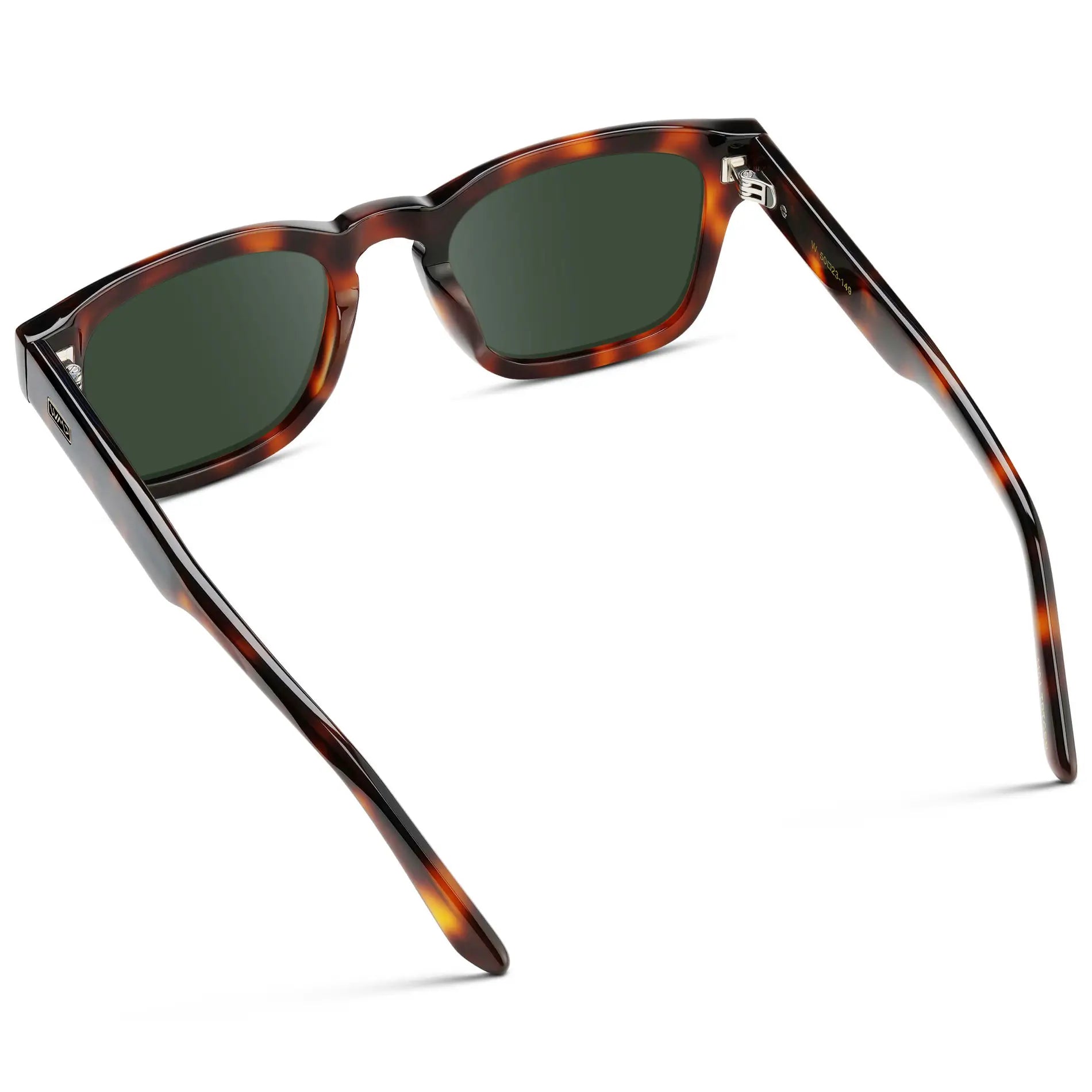 Havana Tortoise / G15 || Back view of Men's Geometric Rectangular Prescription Sunglasses with Havana Tortoise Acetate Frame and Green Prescription Lens