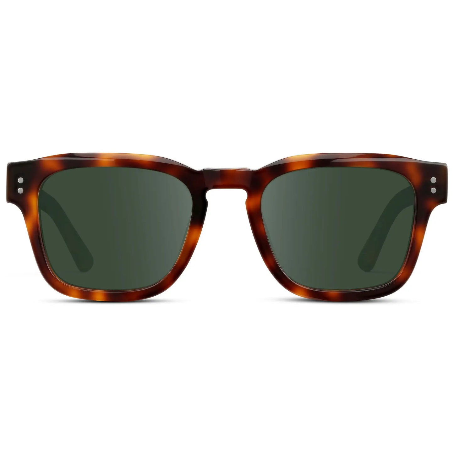 Havana Tortoise / G15 || Front view of Men's Geometric Rectangular Prescription Sunglasses with Havana Tortoise Acetate Frame and Green Prescription Lens