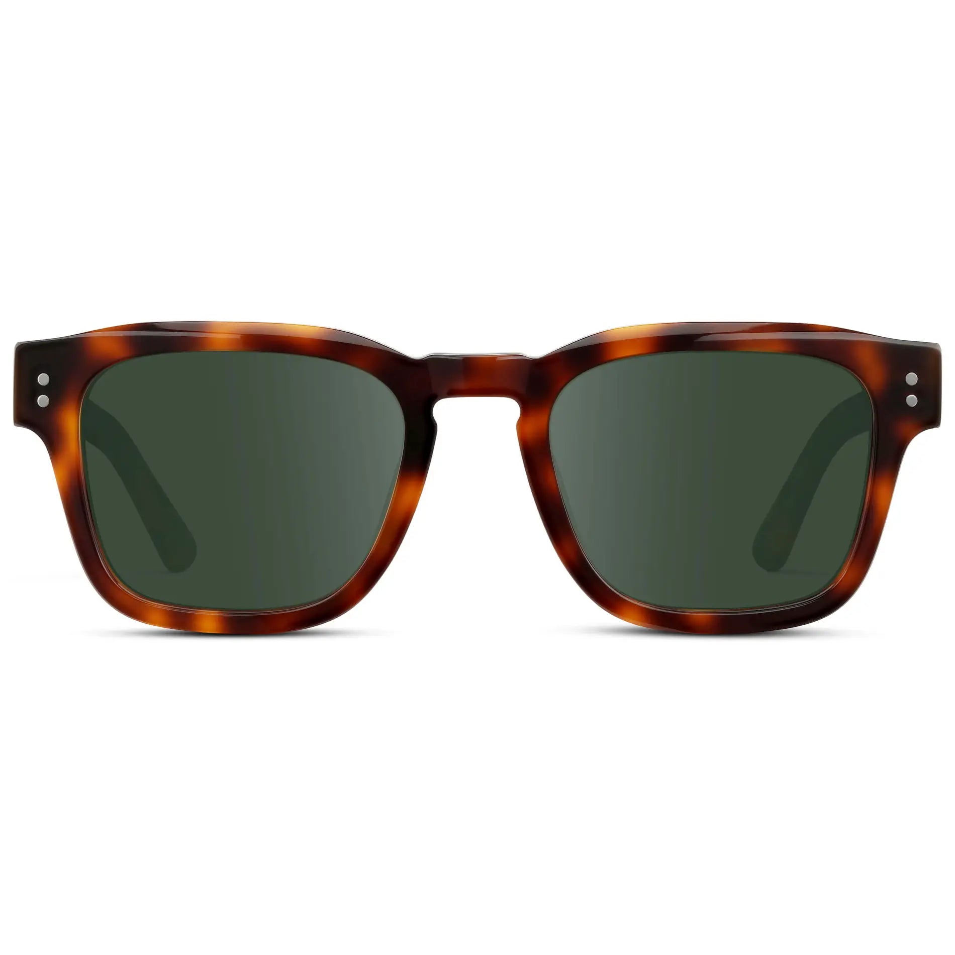 Havana Tortoise / G15 || Front view of Men's Geometric Rectangular Prescription Sunglasses with Havana Tortoise Acetate Frame and Green Prescription Lens