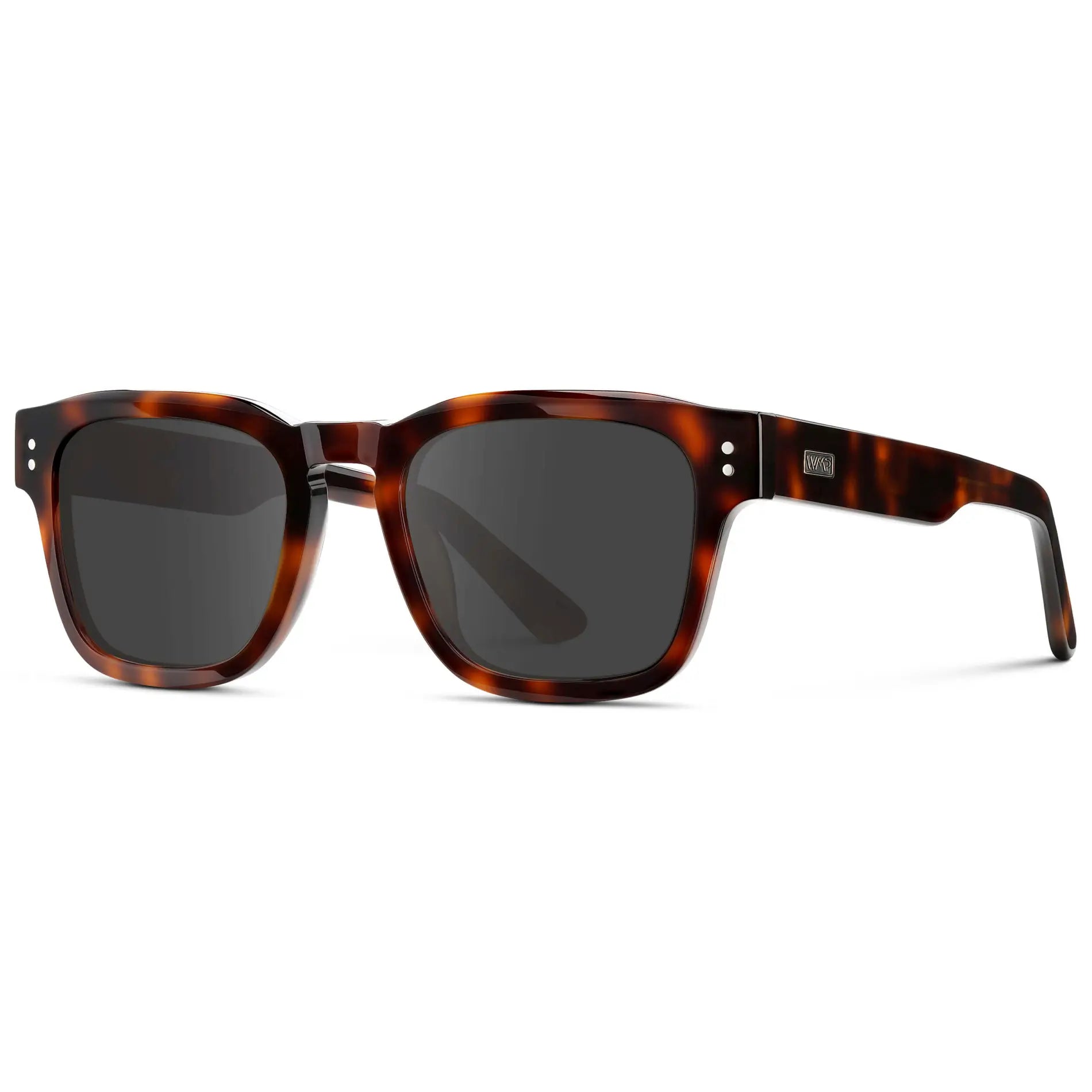 Havana Tortoise / Grey || Side view of Men's Geometric Rectangular Prescription Sunglasses with Havana Tortoise Acetate Frame and Grey Prescription Lens